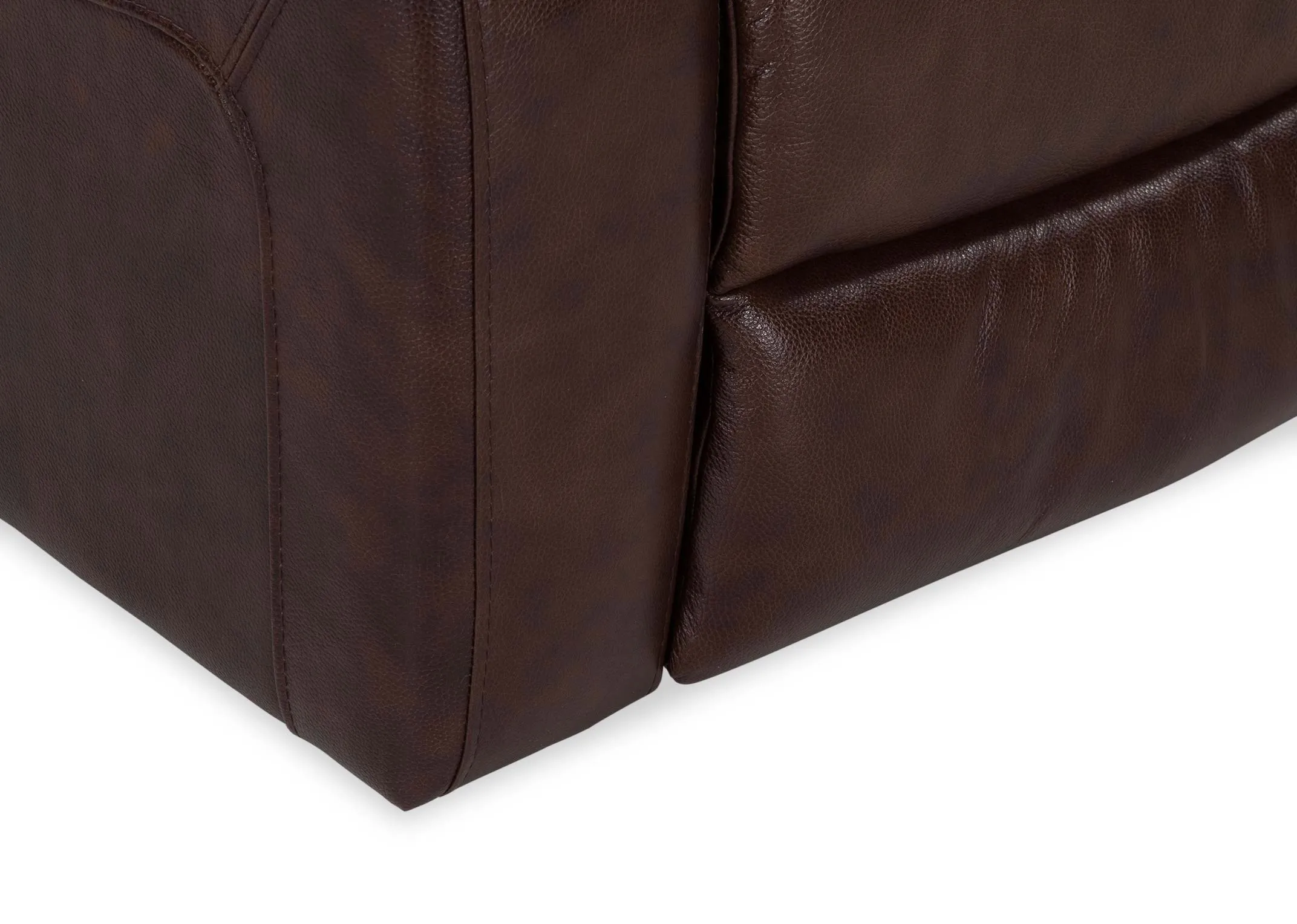 A close up of the bottom of the Supreme brown leather 2 seater power reclining sofa.