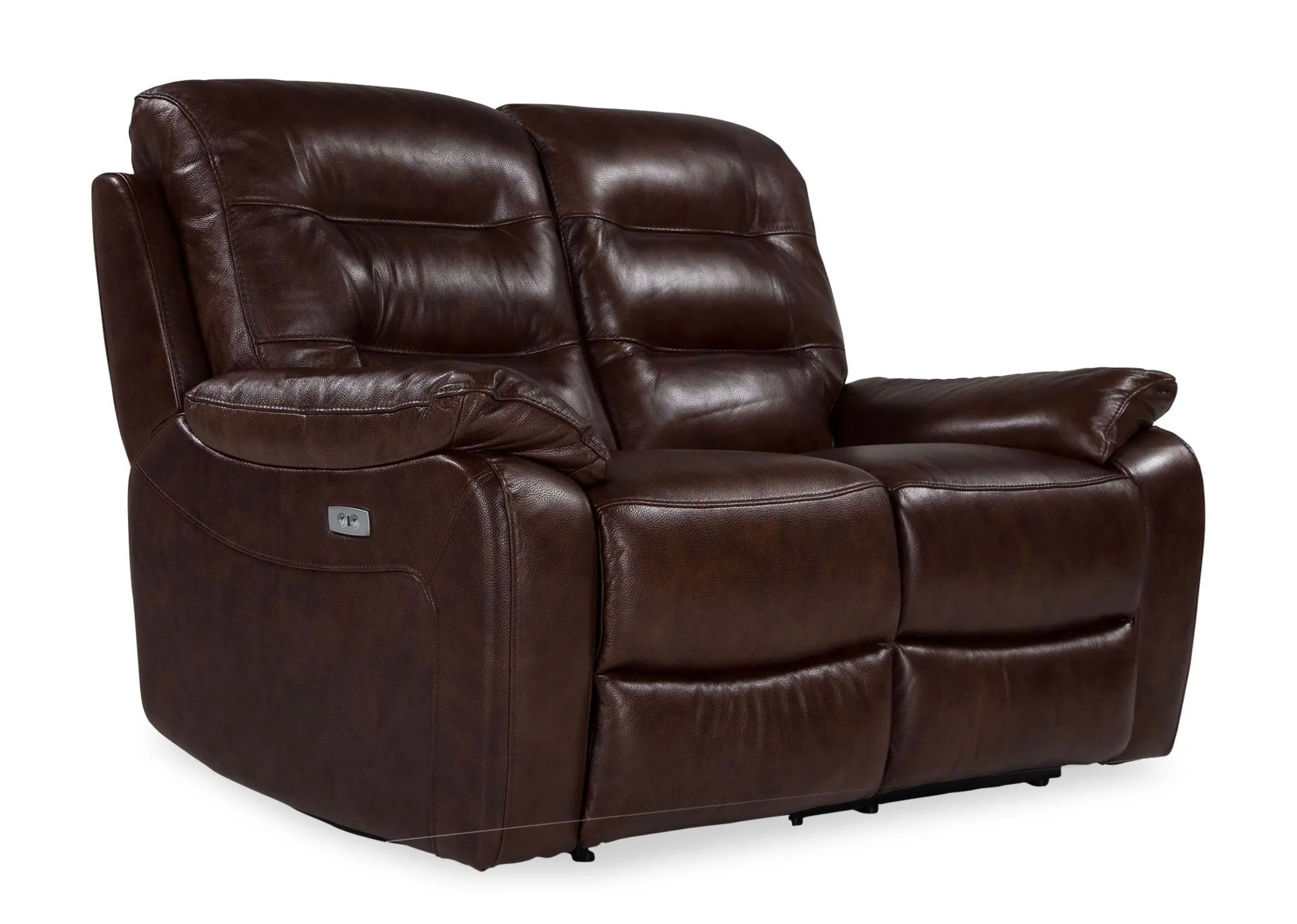 An angled shot of the Supreme brown leather 2 seater power reclining sofa.