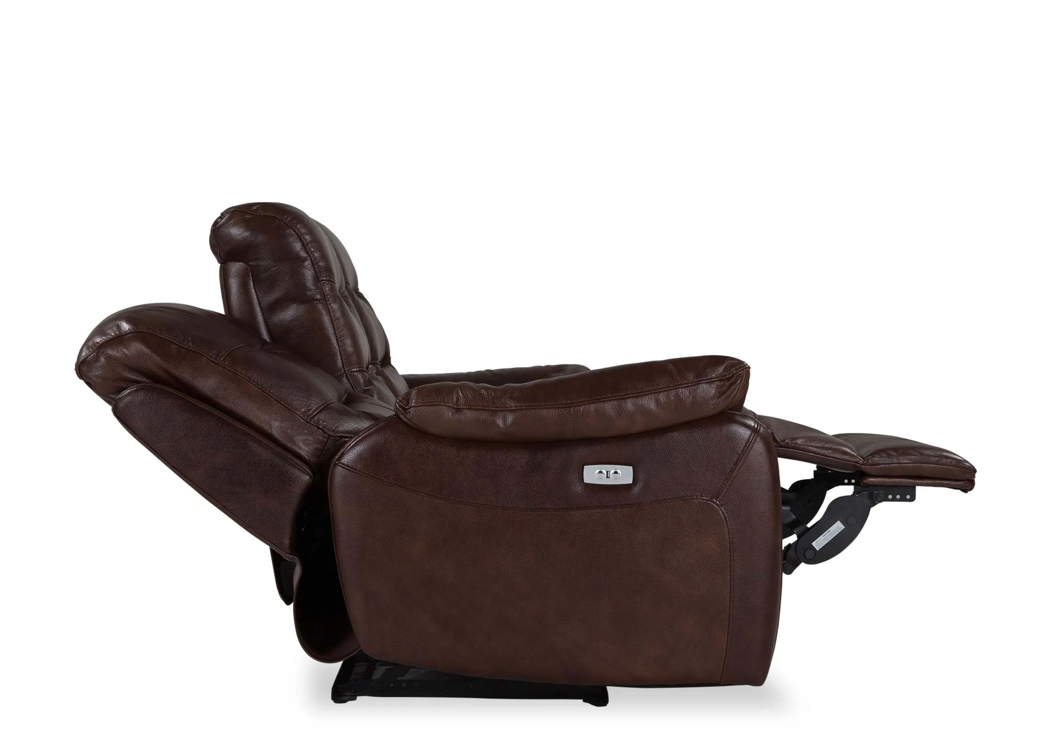 A view from the side of the Supreme brown leather 2 seater power reclining sofa with one section reclined.