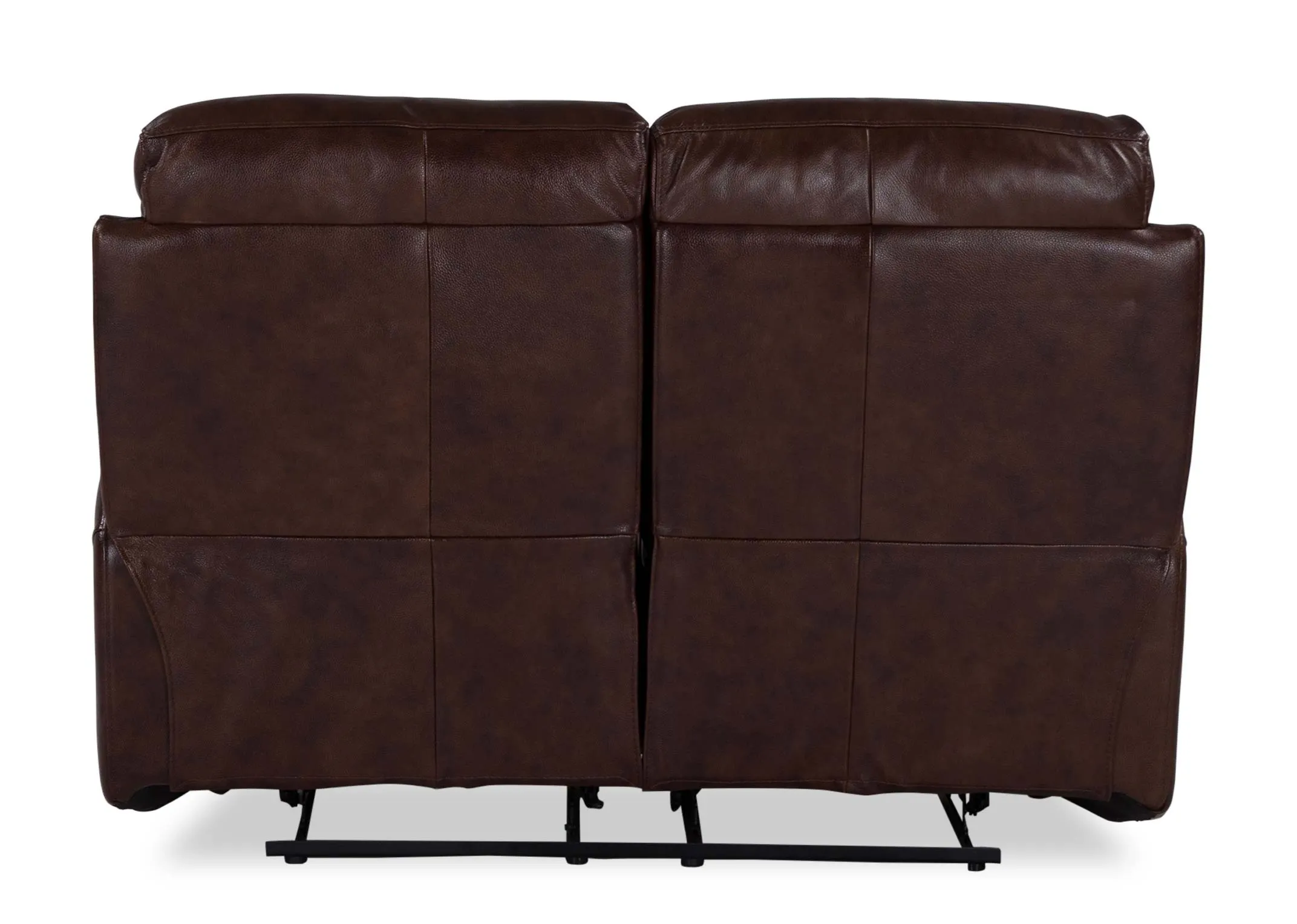 A view from behind looking at the back of the Supreme brown leather 2 seater power reclining sofa.