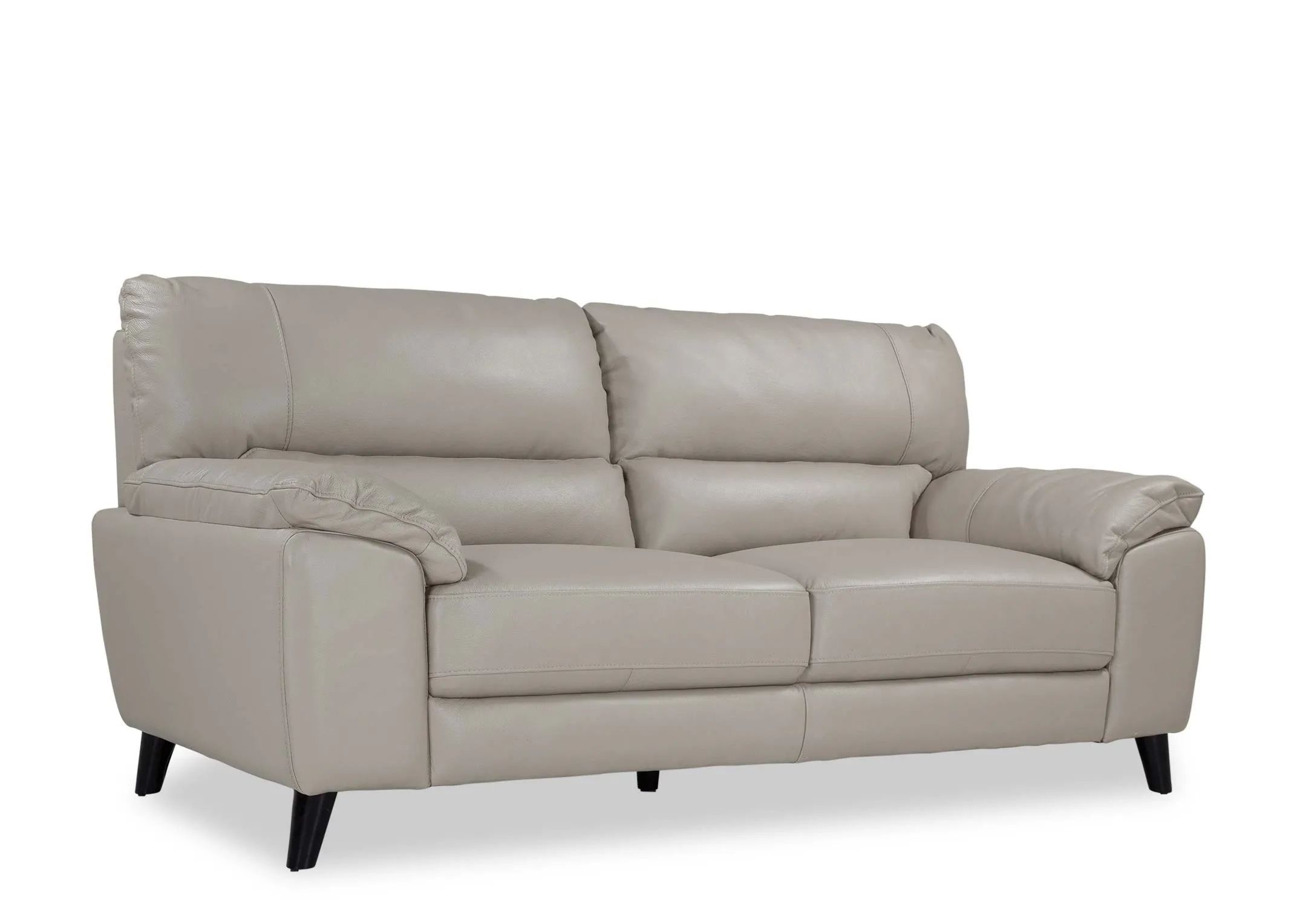 An angled shot from left to right of the Alfredo 3 seater grey leather sofa.