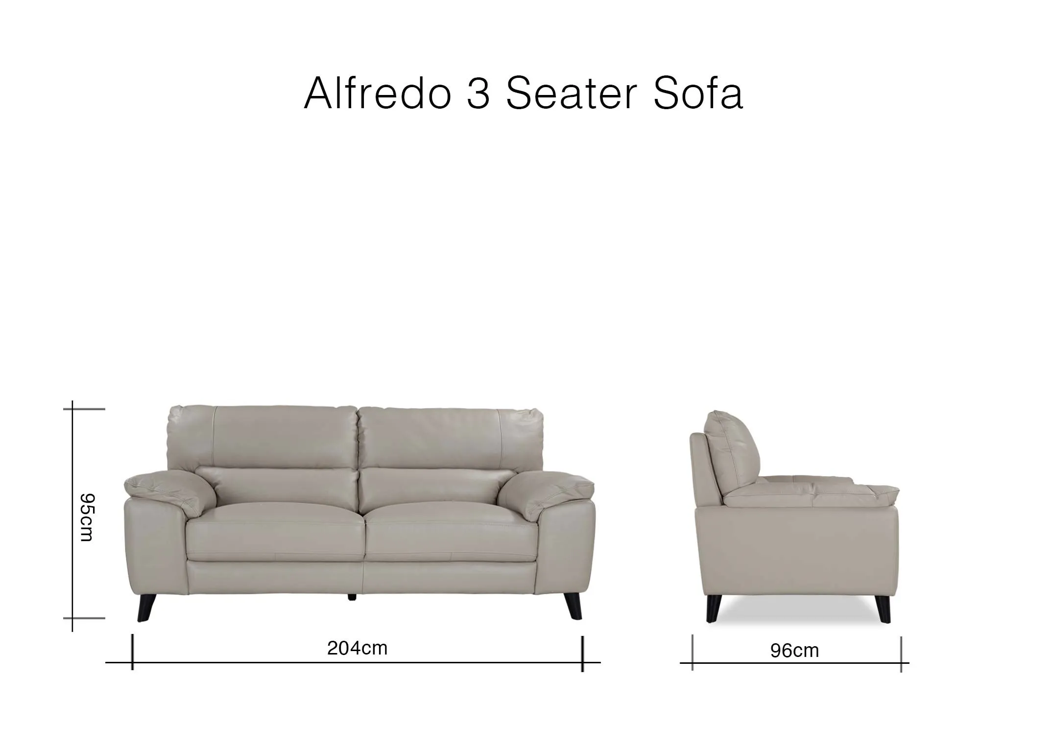 A dimension image for the Alfredo 3 seater grey leather sofa 95cm (Height) x 204cm (Width) x 96cm (Depth)