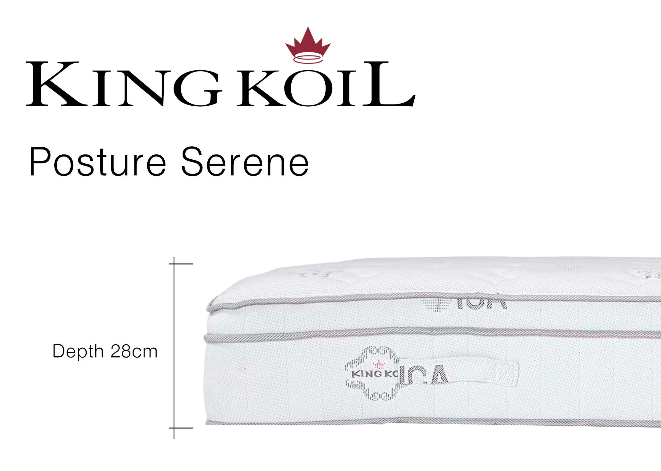A dimension image of the King Koil Posture Serene Mattress showing mattress depth of 28cm
