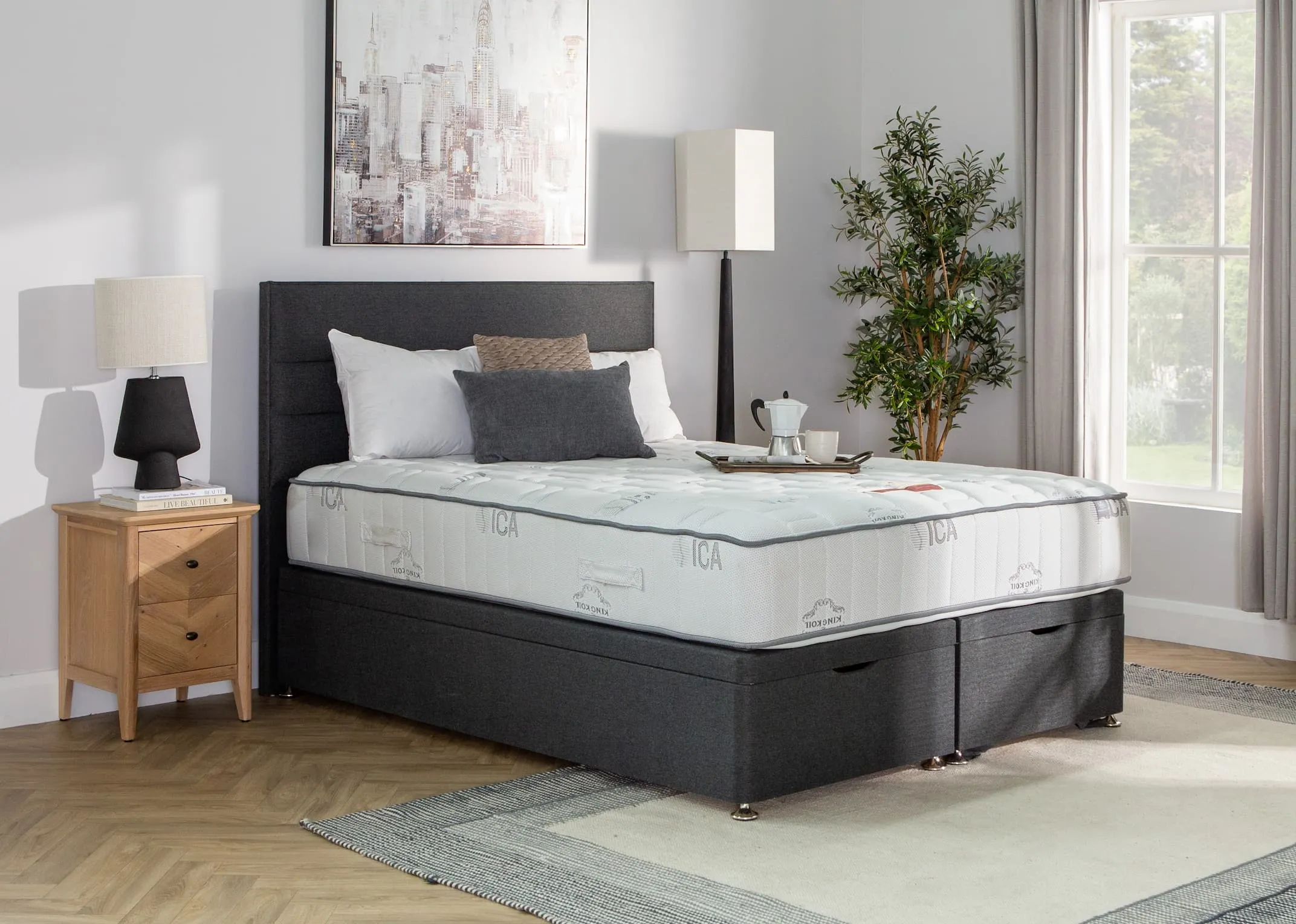 A lifestyle image of the Artisan bed base with Posture superb mattress & chevron locker from EZ Living Furniture.