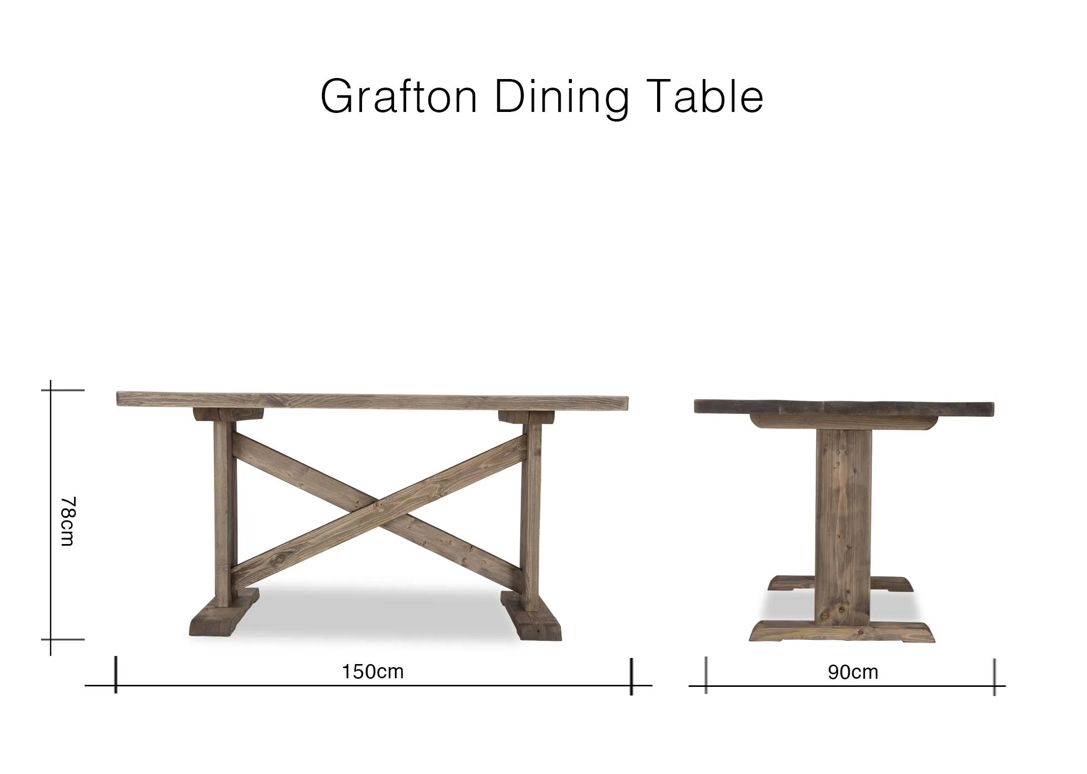 A dimension image for the Grafton wooden dining table 78cm (Height) c 150cm (Width) x 90cm (Depth)