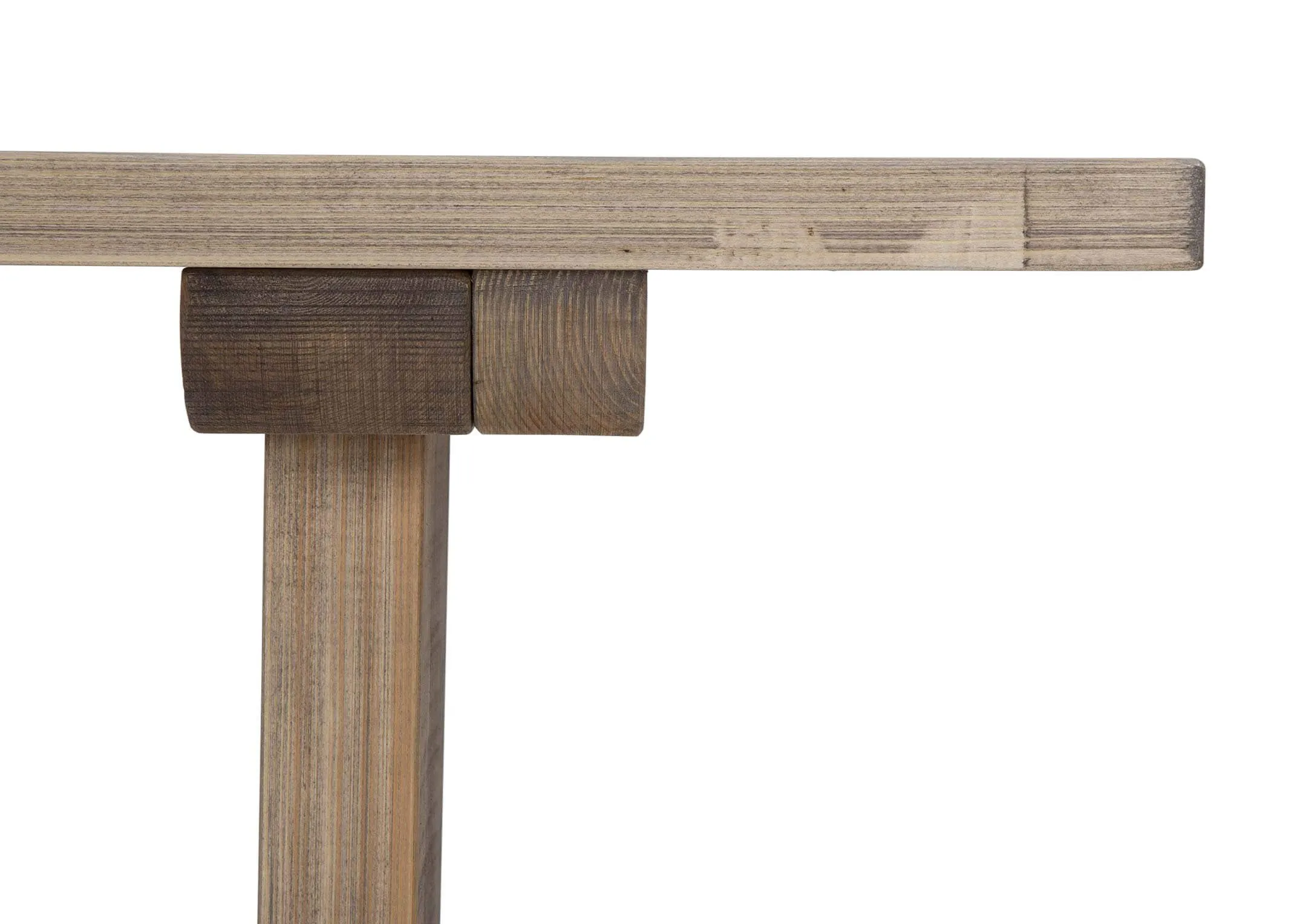 A view of the grains on the wood on the grey wooden Grafton dining bench.