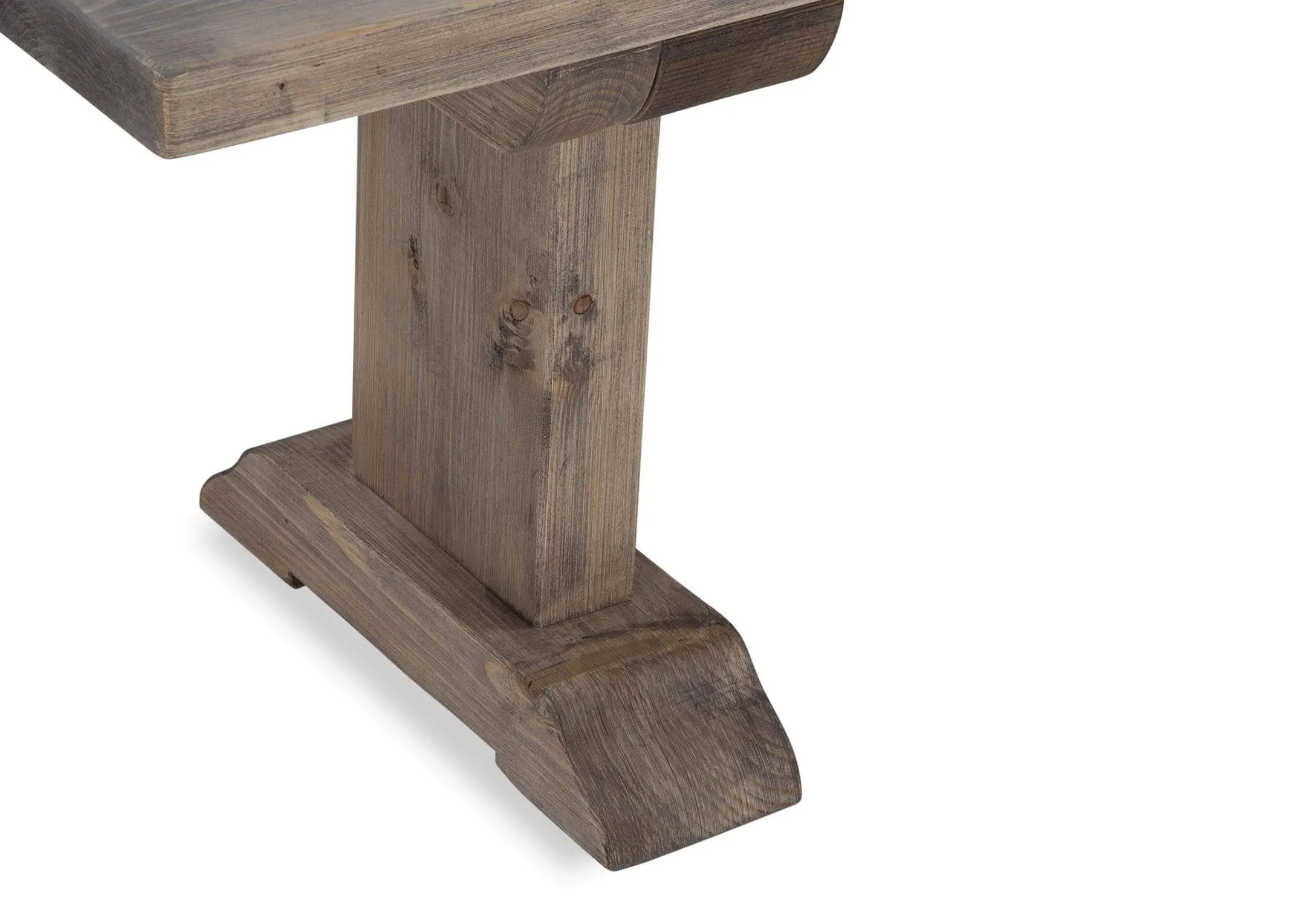 A close up of the feet on the grey wooden Grafton dining bench.