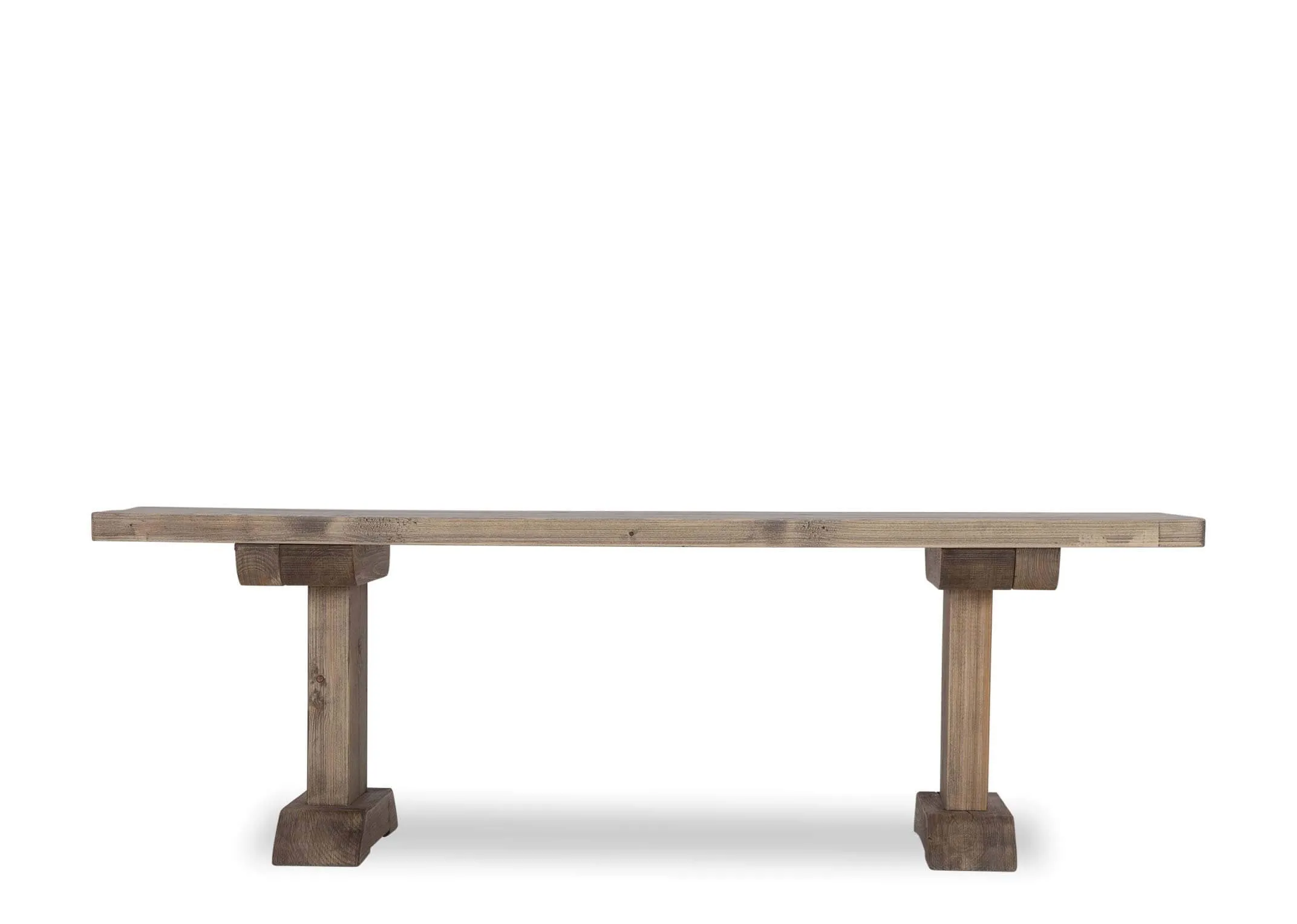 A view from the front showing the grey wooden Grafton dining bench.