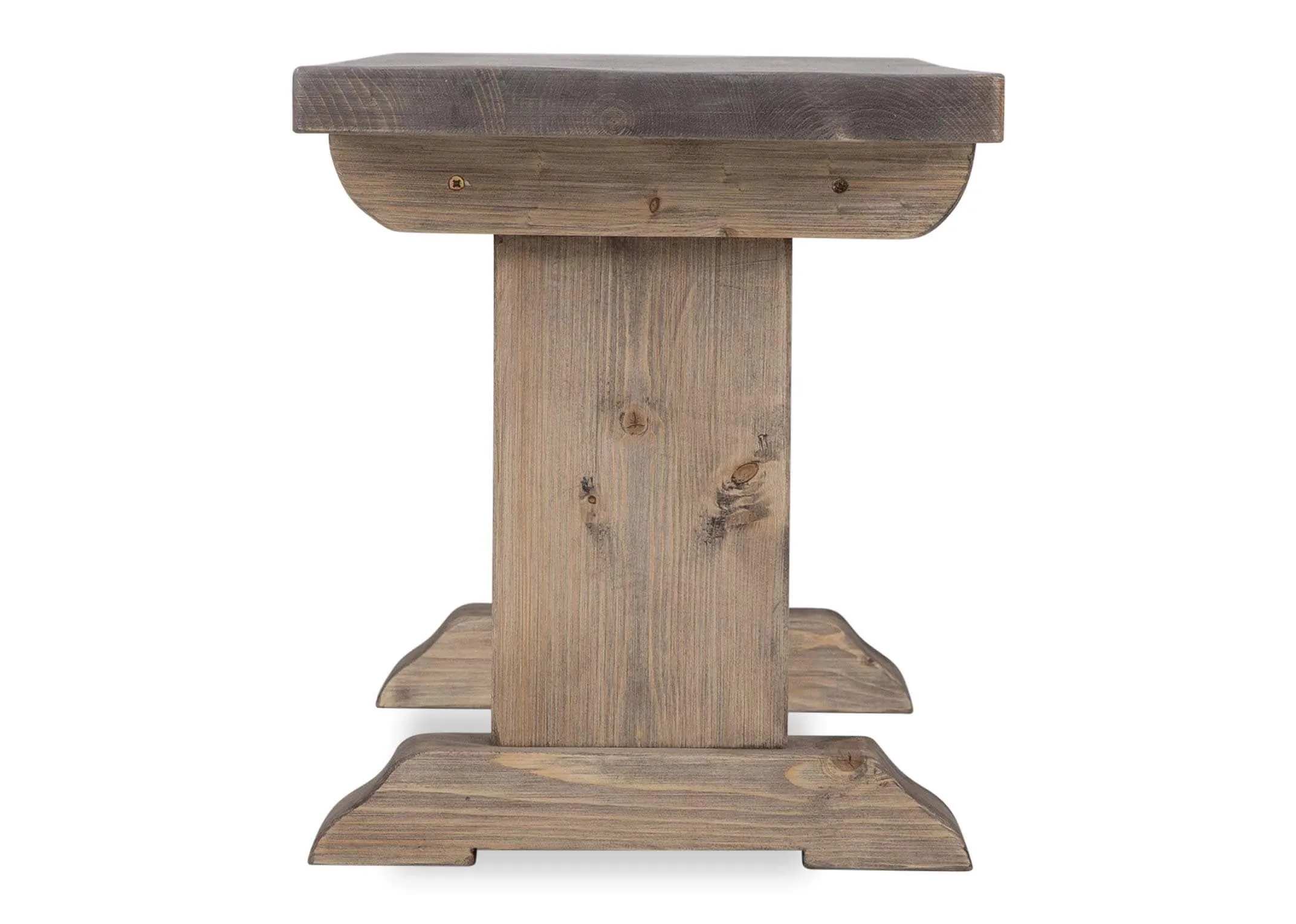 A view of the side of the grey wooden Grafton dining bench.