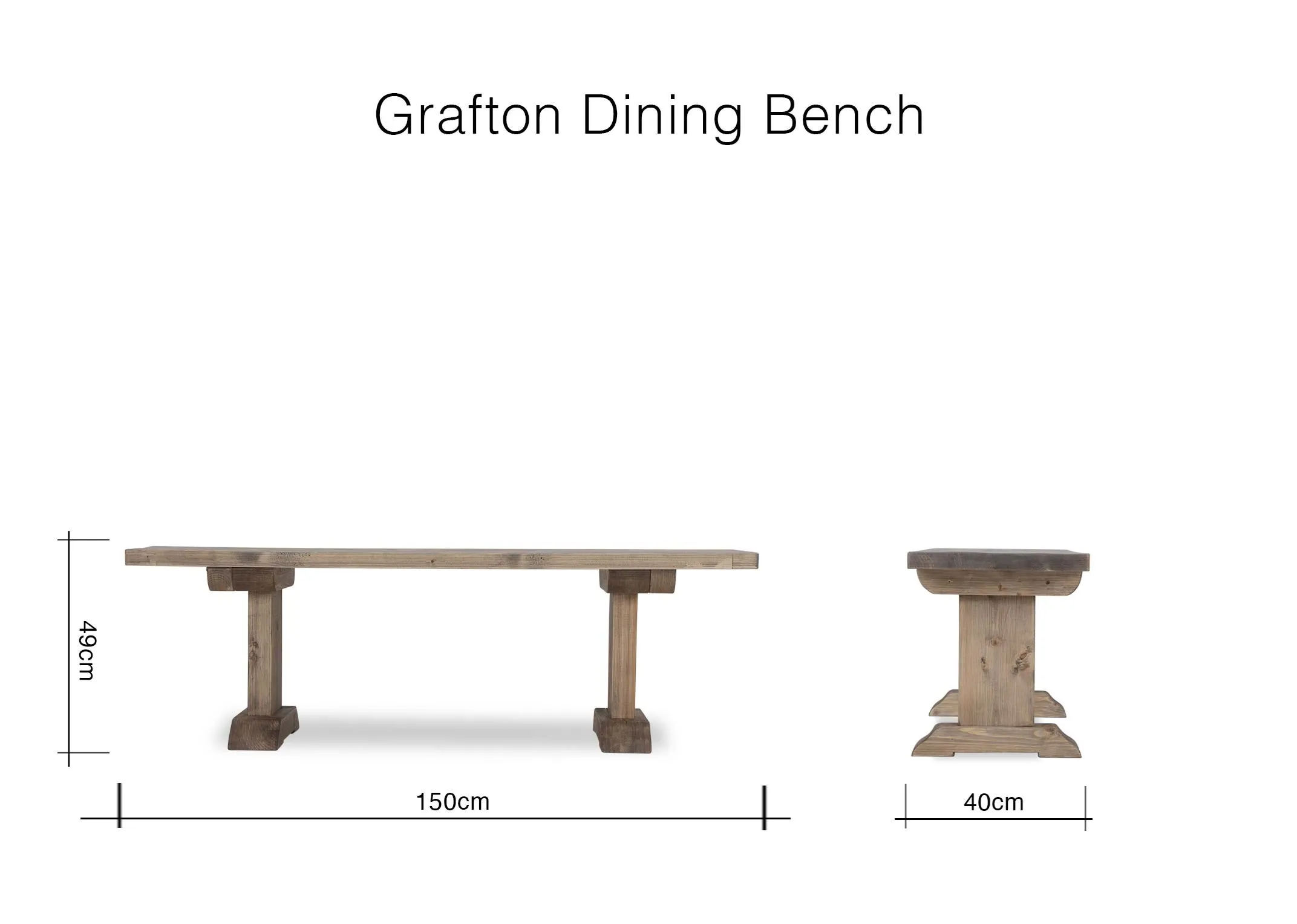 A dimension image for the grey wooden Grafton image 49cm (Height) x 150cm (Width) x 40cm (Depth).