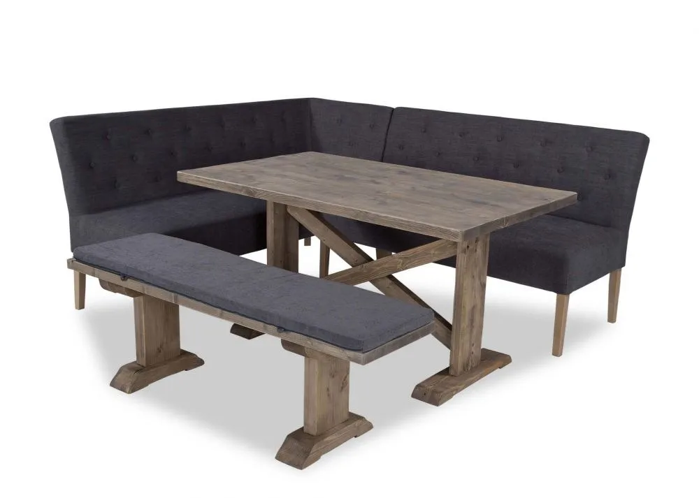 A view of the grey wooden Grafton dining bench and table