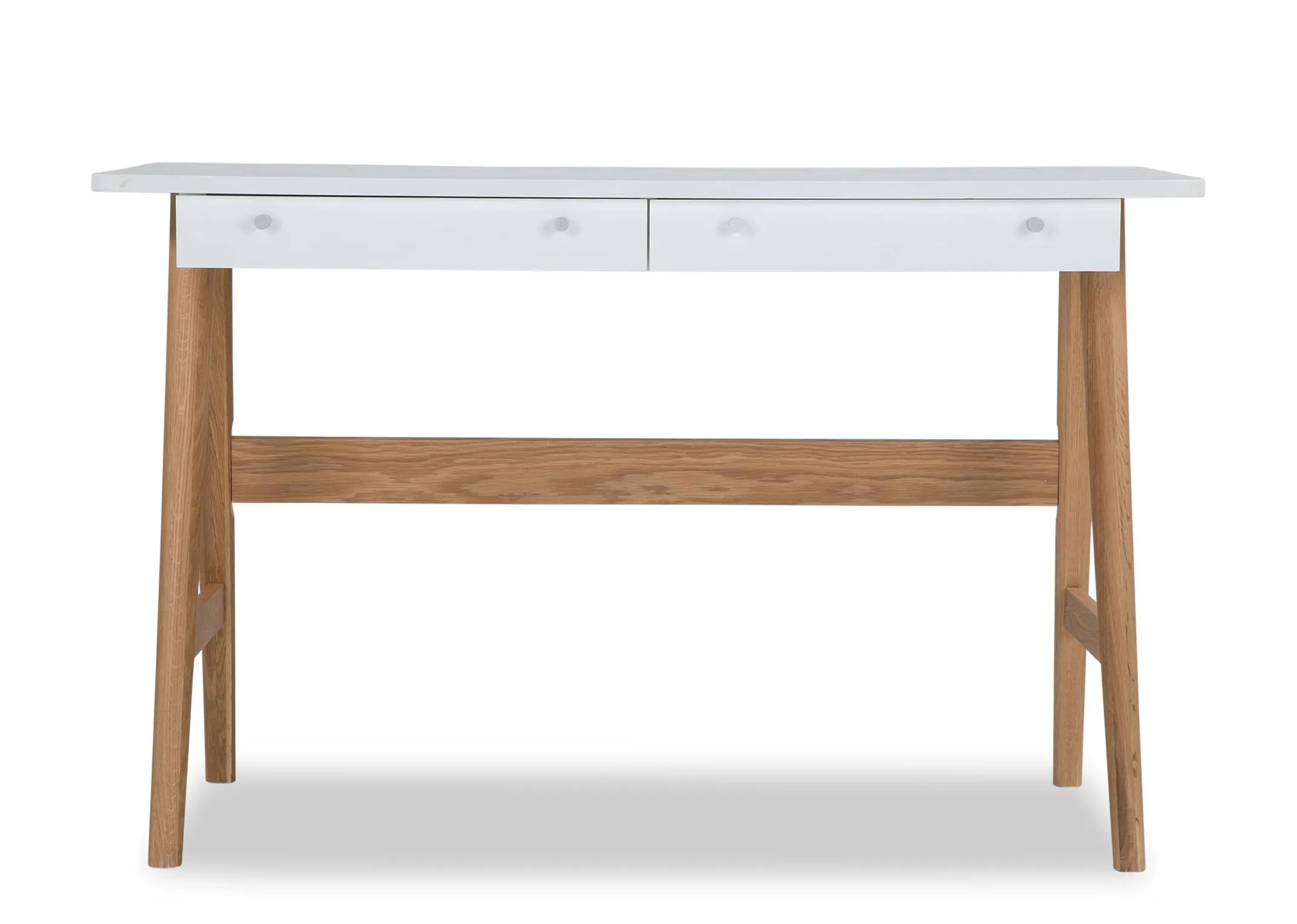 A view from the front showing in full the white top Tia desk and the two drawers