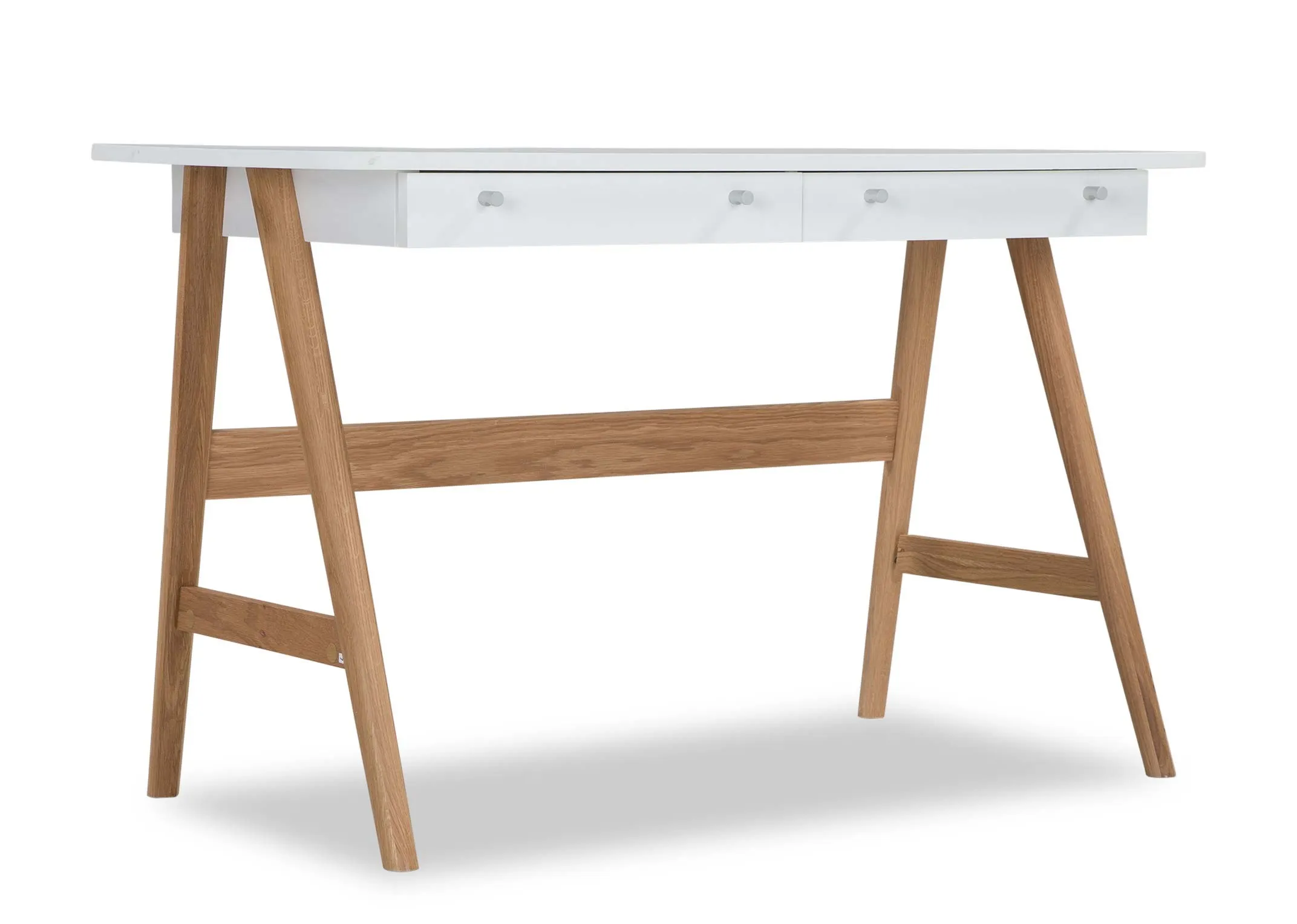 An angled view from left to right looking at the white top Tia desk