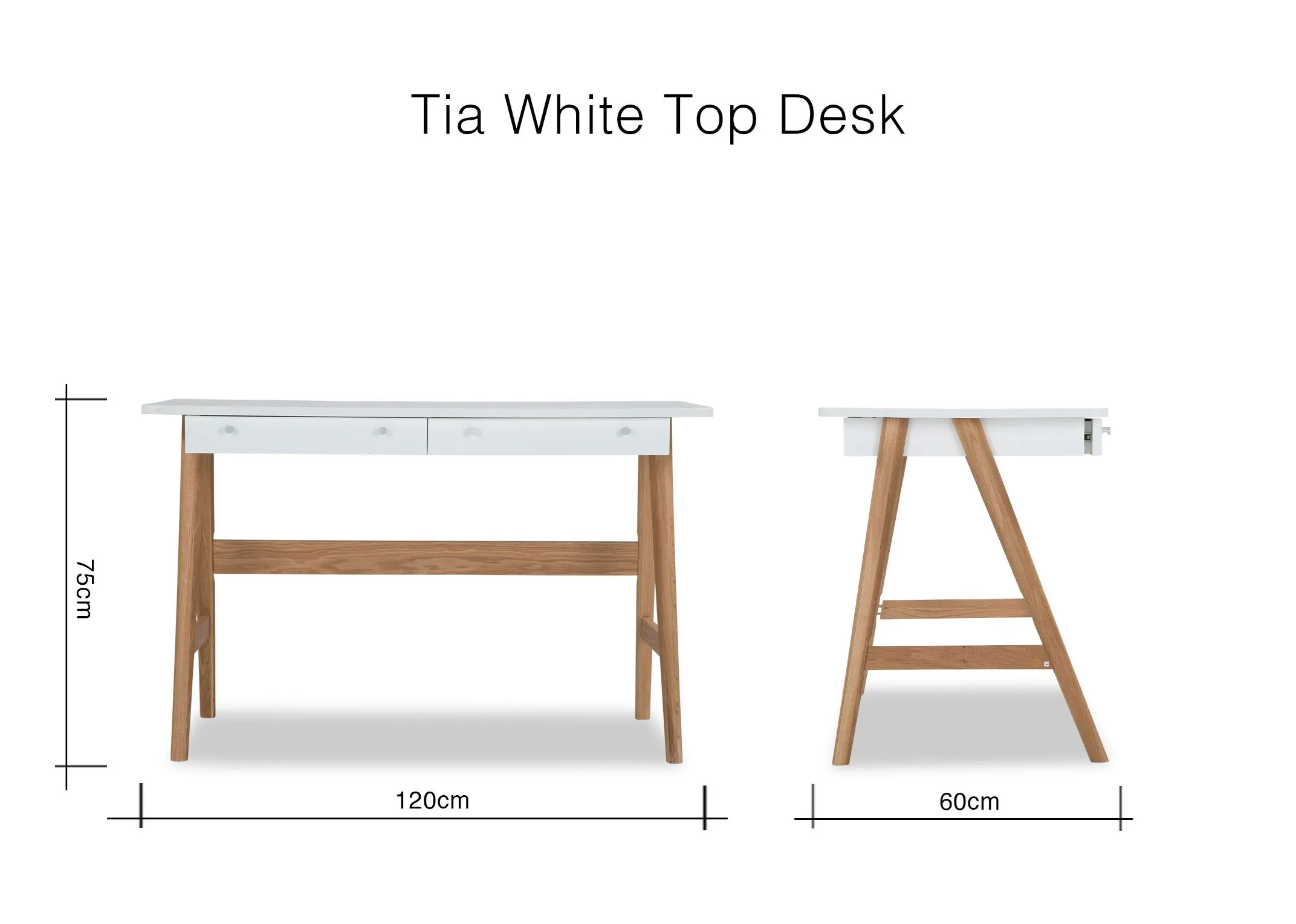 A dimension image for the white top Tia desk 75cm (Height) x 120cm (Width) x 60cm (Depth)