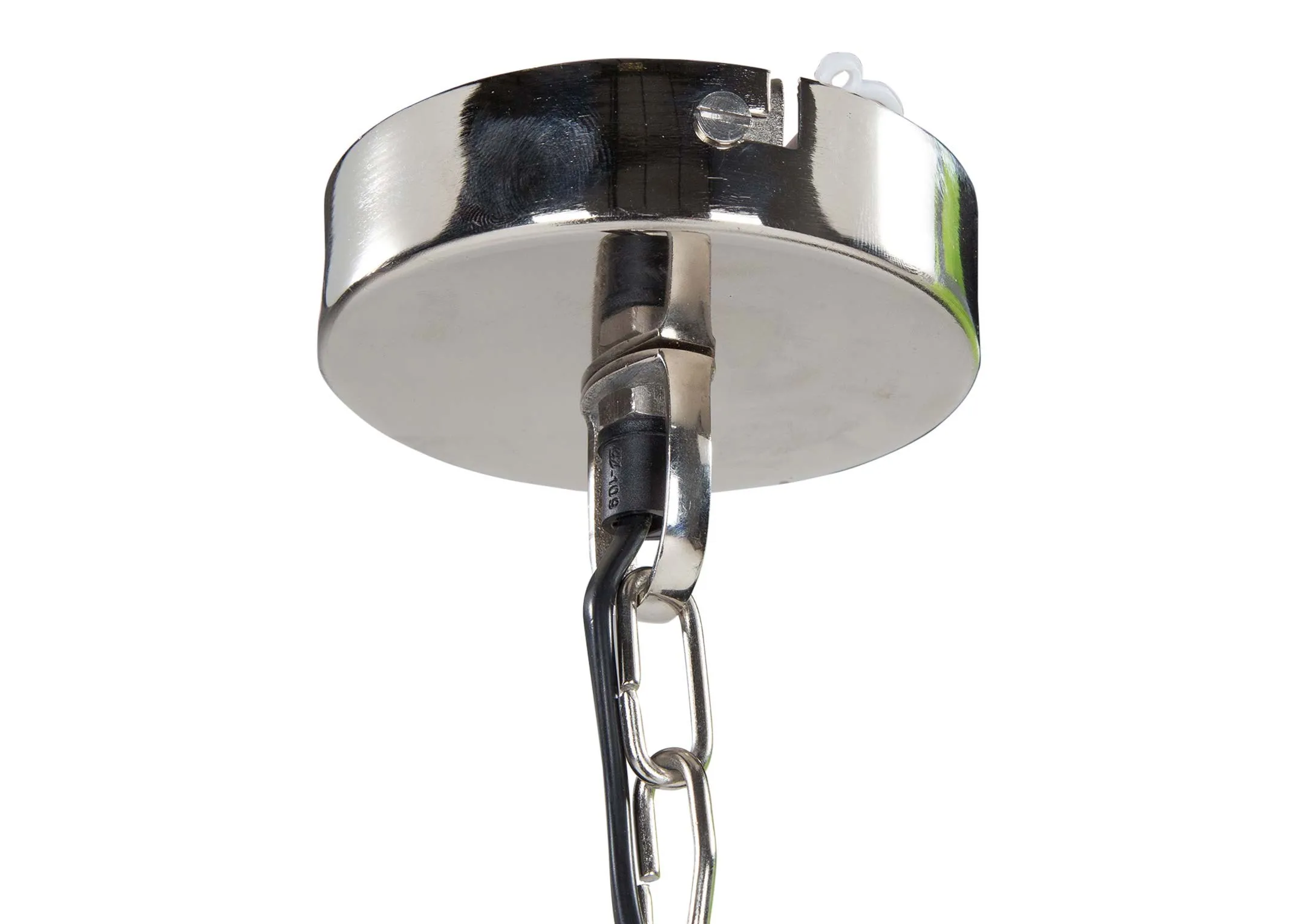 A close up view of the connection between the lamp and ceiling. 