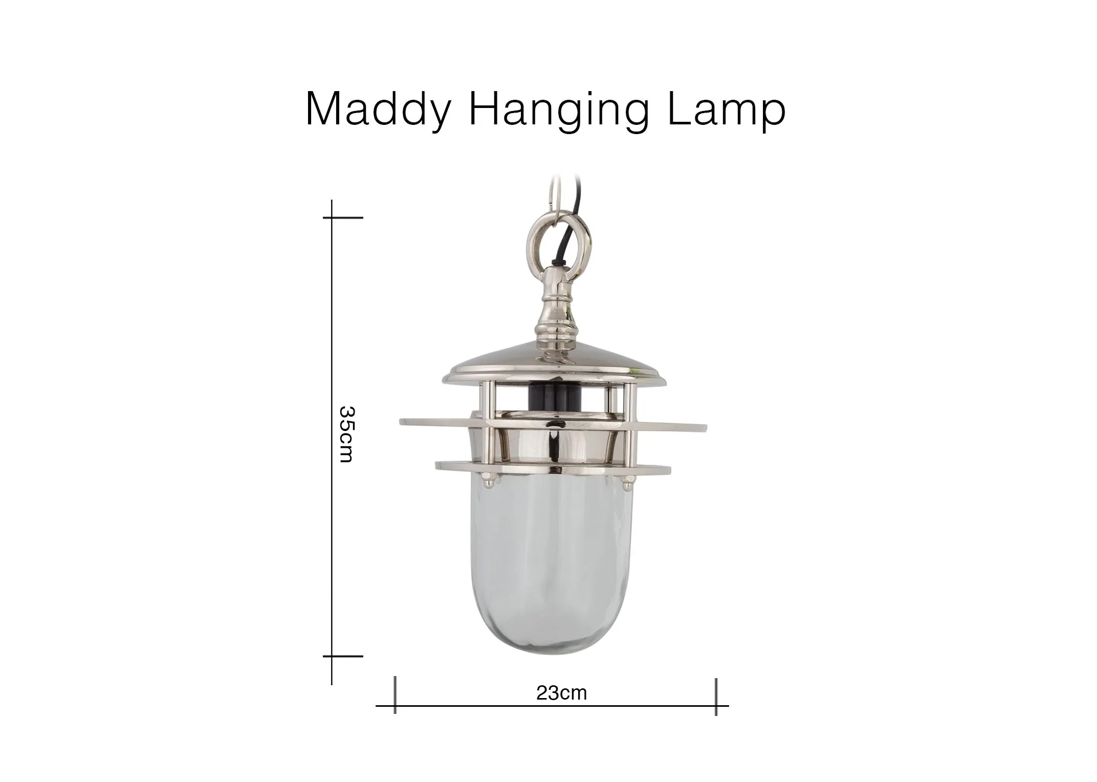 A dimension image for the lamp on the Maddy hanging lamp 35cm (Height) x 23cm (Width)