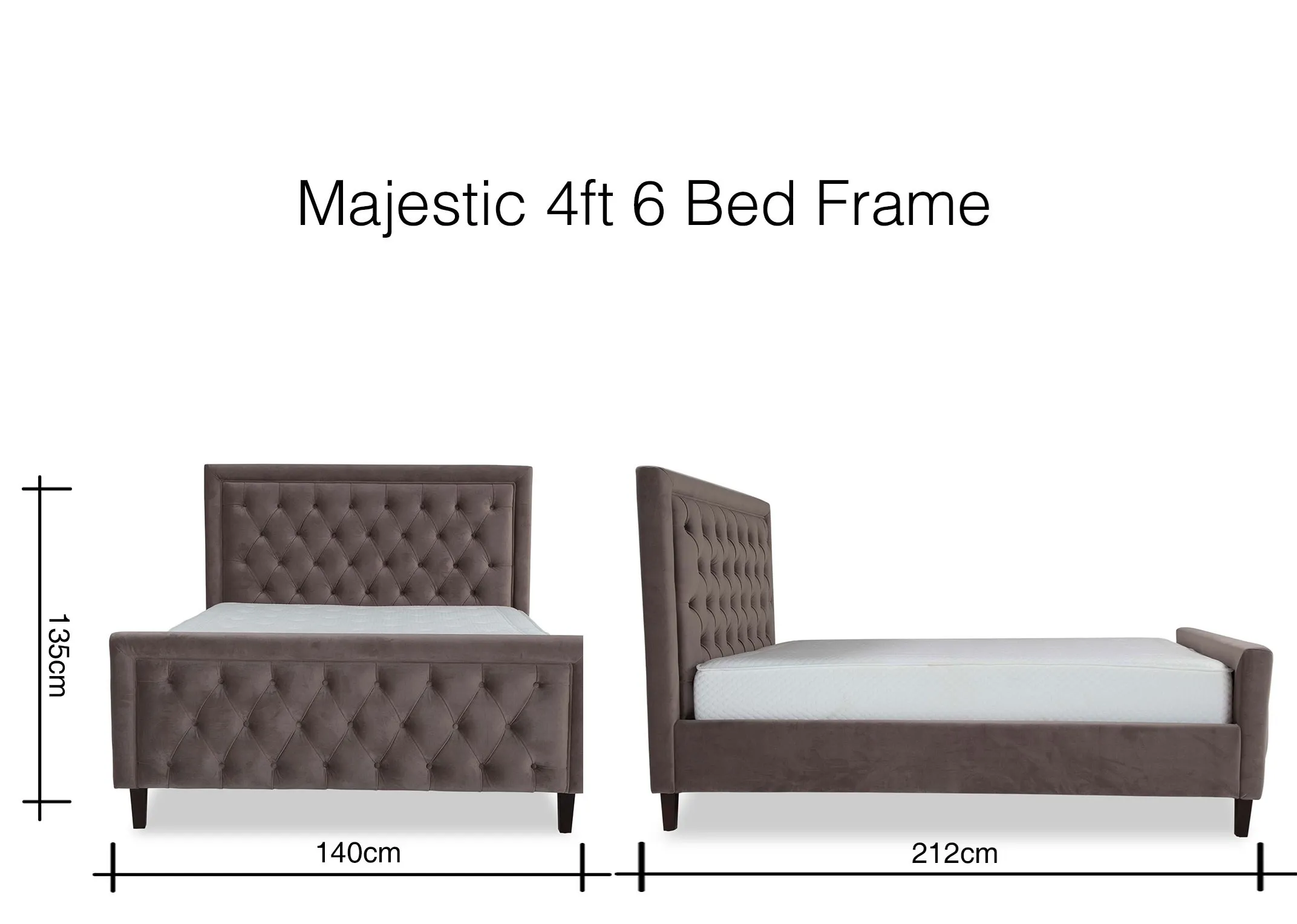 A dimension image of the Majestic 4ft 6 Grey Velvet Bedframe 135cm (Height) x 140cm (Width) x 212cm (Length)