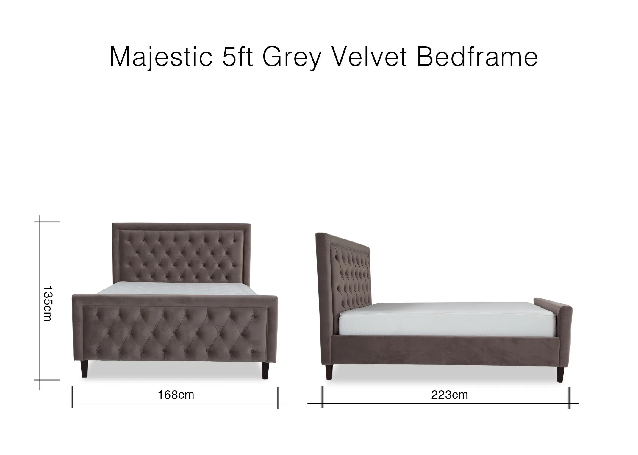 A dimension image of the Majestic 5ft Grey Velvet bedframe 135cm (Height) x 168cm (Width) x 223cm (Length)