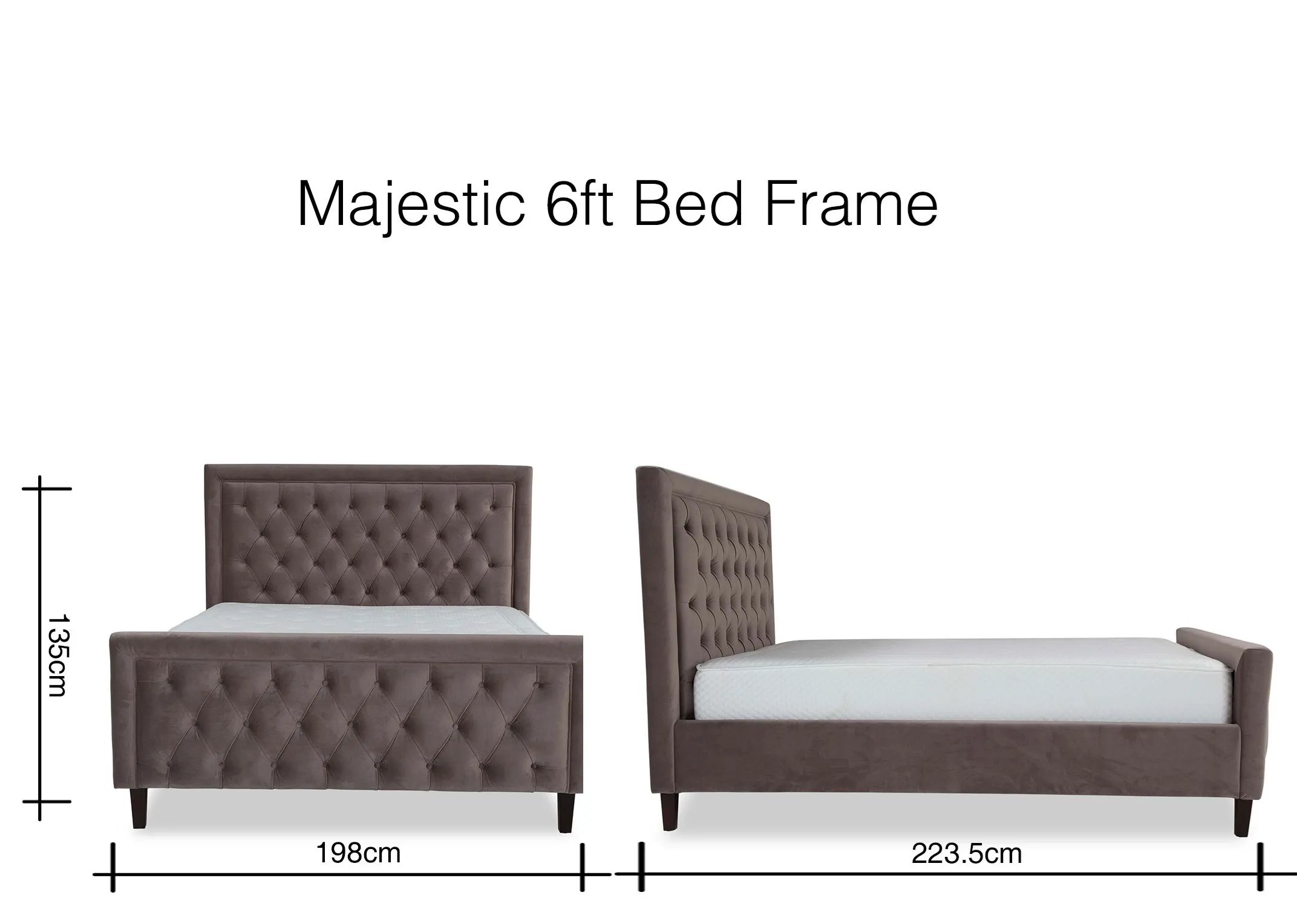 A dimension image of the Majestic 6ft Grey Velvet Bed frame 135cm (Height) x 198cm (Width) x 223.5 (Length)