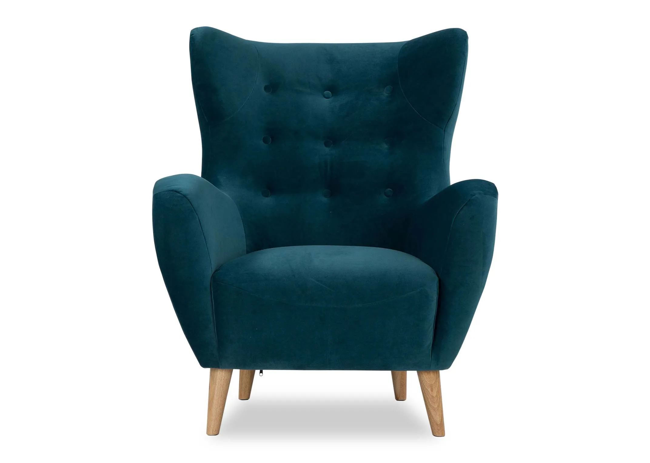 A view looking at the Bronx armchair in teal velvet detailing the tufted button back rest.
