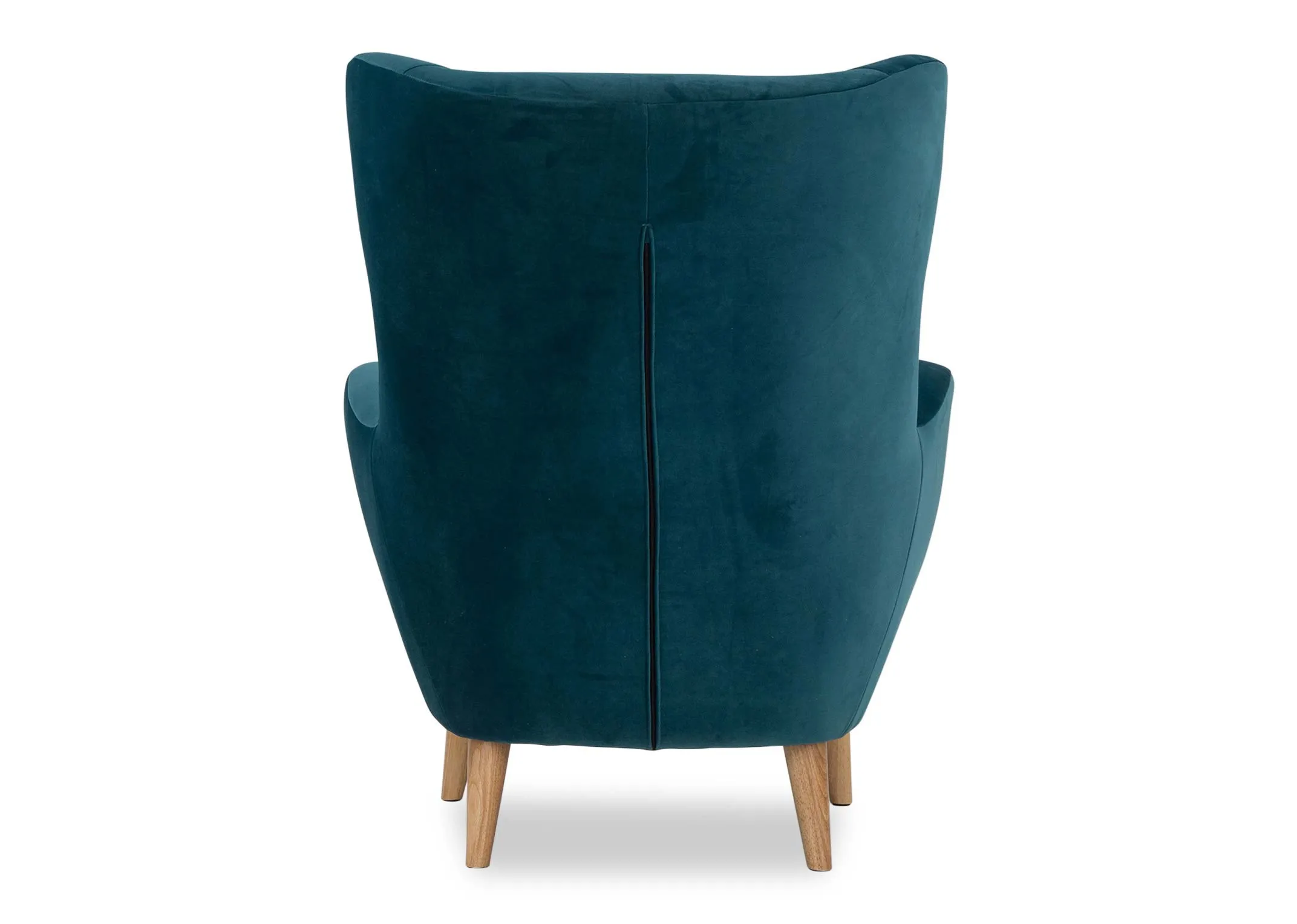 A view from behind looking at the back of the Bronx armchair in teal velvet.