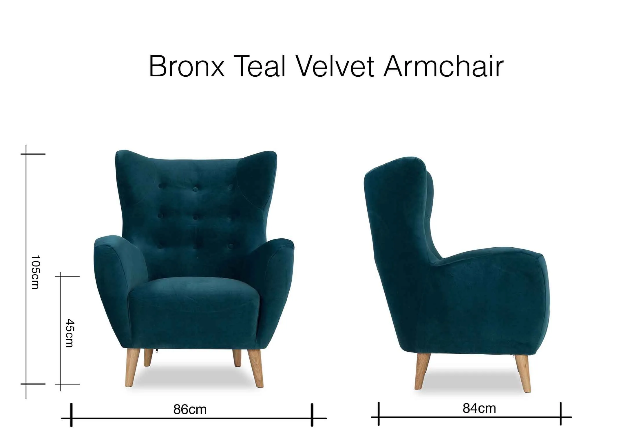 A dimension image for the Bronx armchair in teal velvet 105cm (Height) x 86cm (Width) x 84cm (Depth)