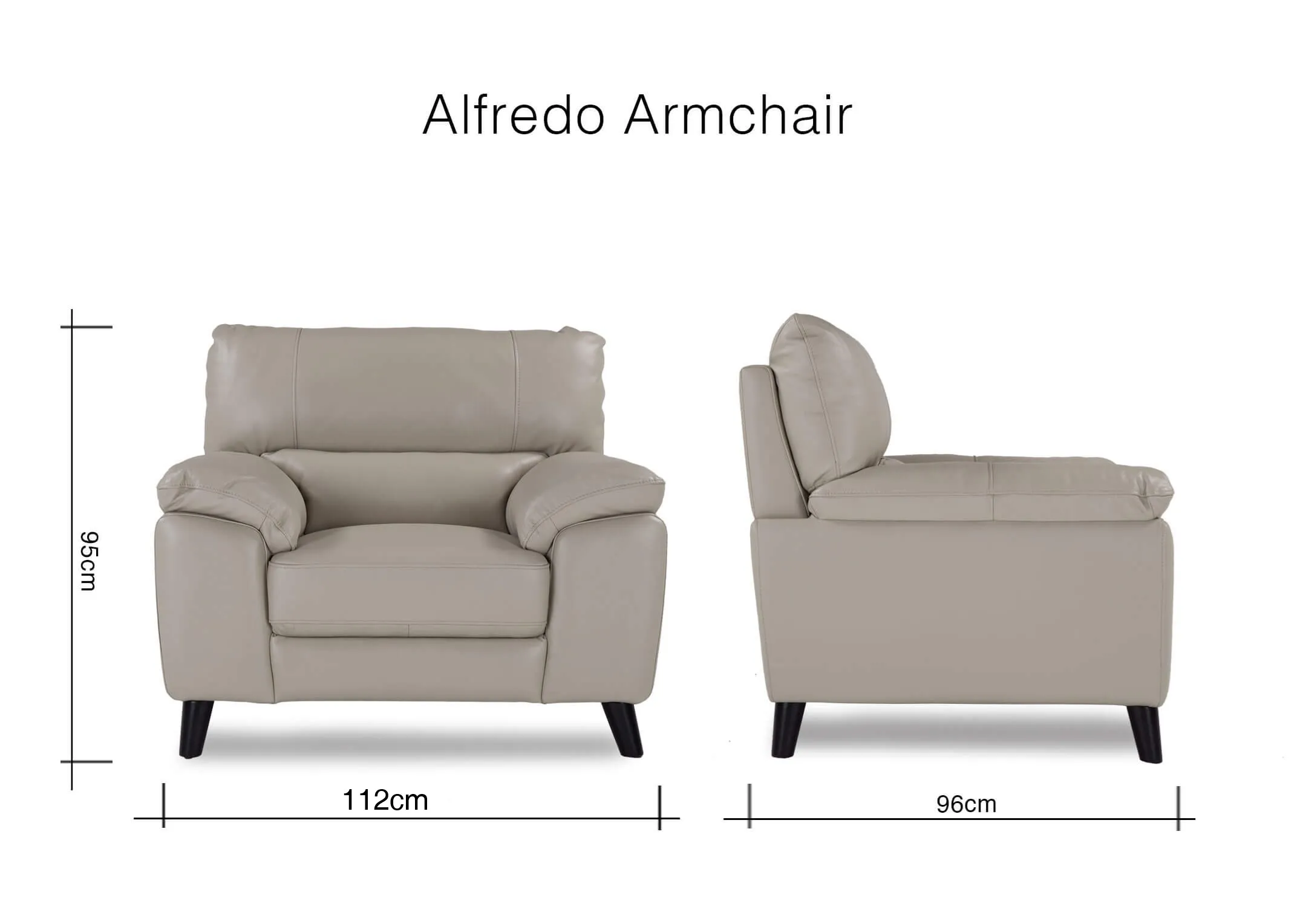 A dimension image for the slate grey leather Alfredo armchair 95cm (Height) x 112cm (Width) x 96cm (Depth)