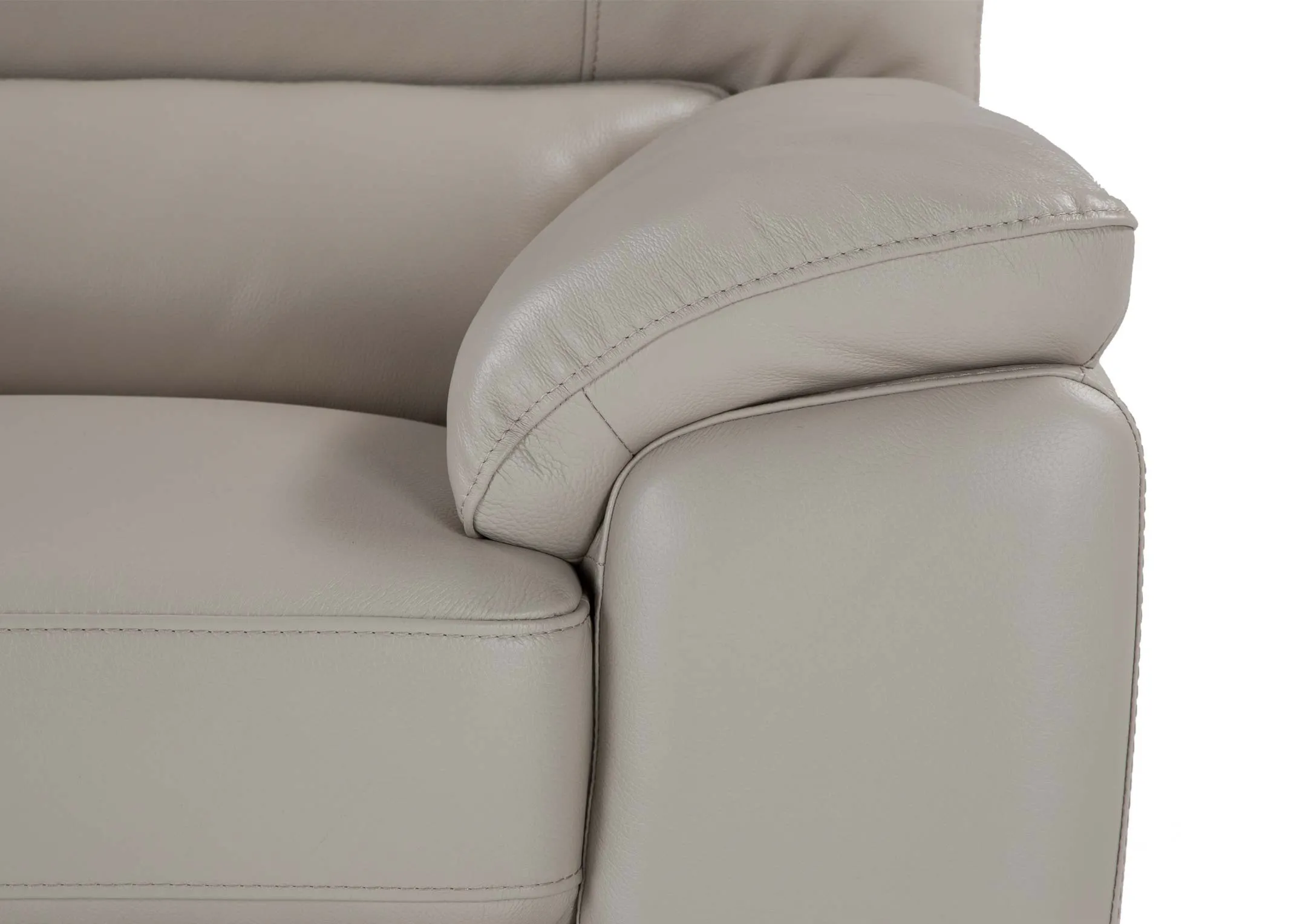 A close up of the armrest on the light grey leather Alfredo armchair.