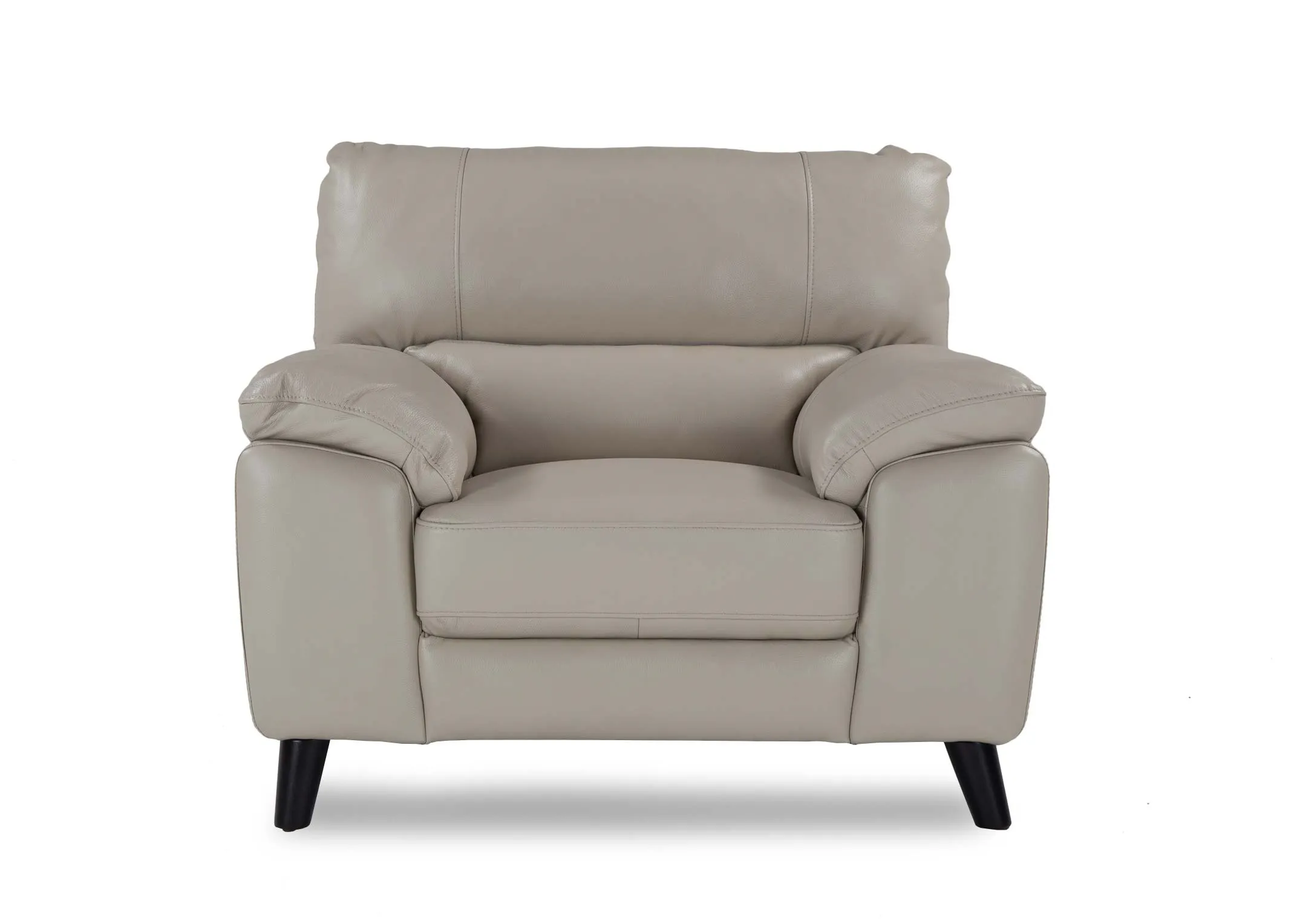A view from the front of the light grey leather Alfredo armchair.
