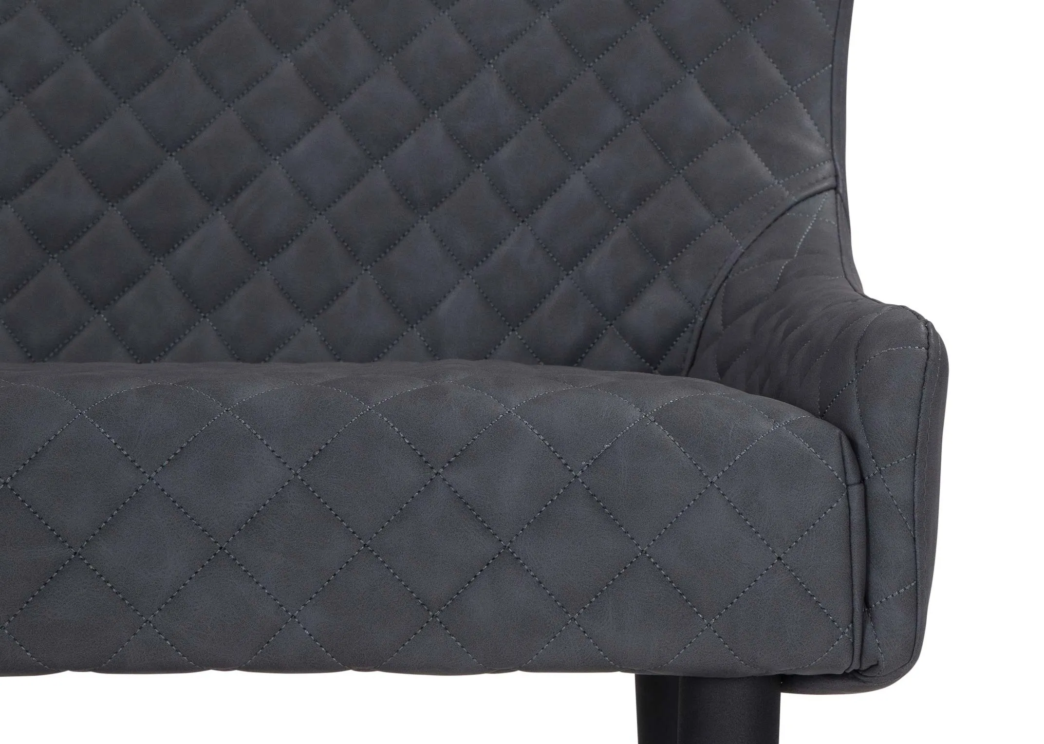 A view of the armrest and seat on the Ottowa dining bench in grey vintage fabric.