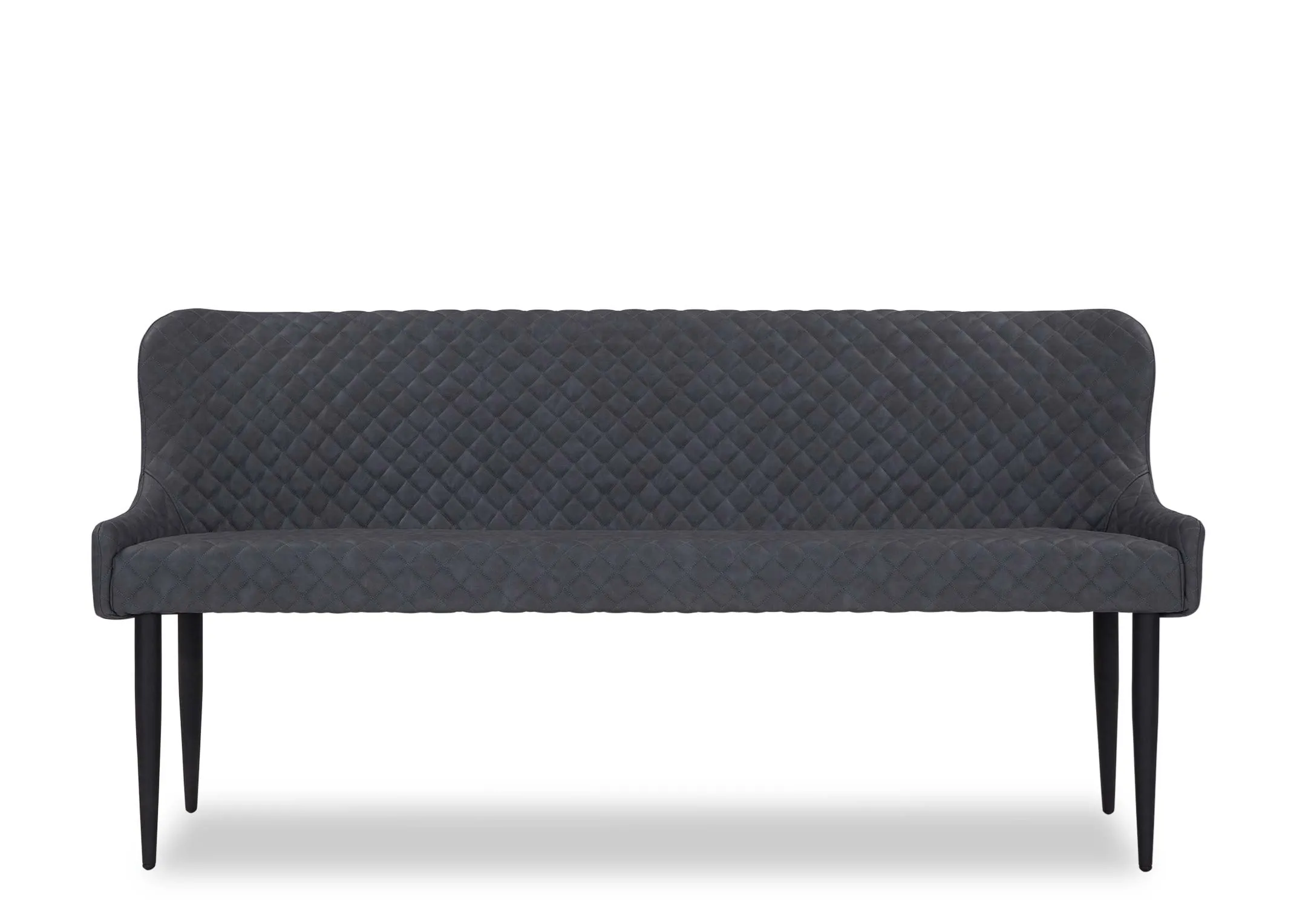 A view looking straight at the Ottowa dining bench in grey vintage fabric.