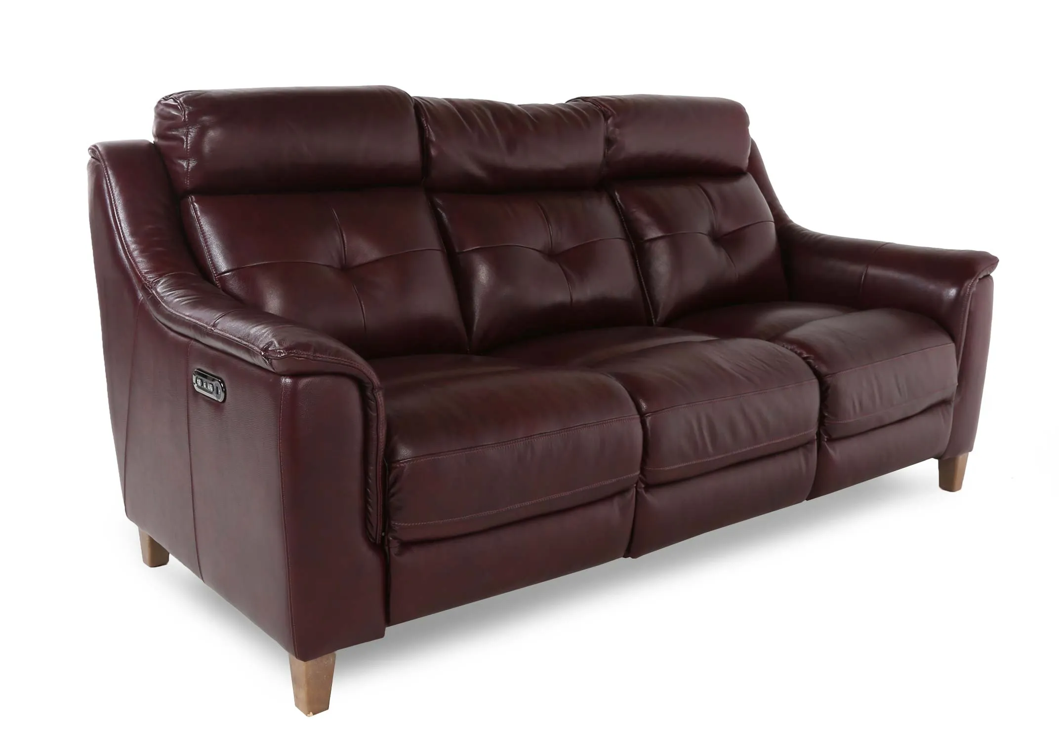 A deep red leather 3 seater power reclining sofa with wood feet from EZ Living Furniture's Vantage range. Angled view of sofa