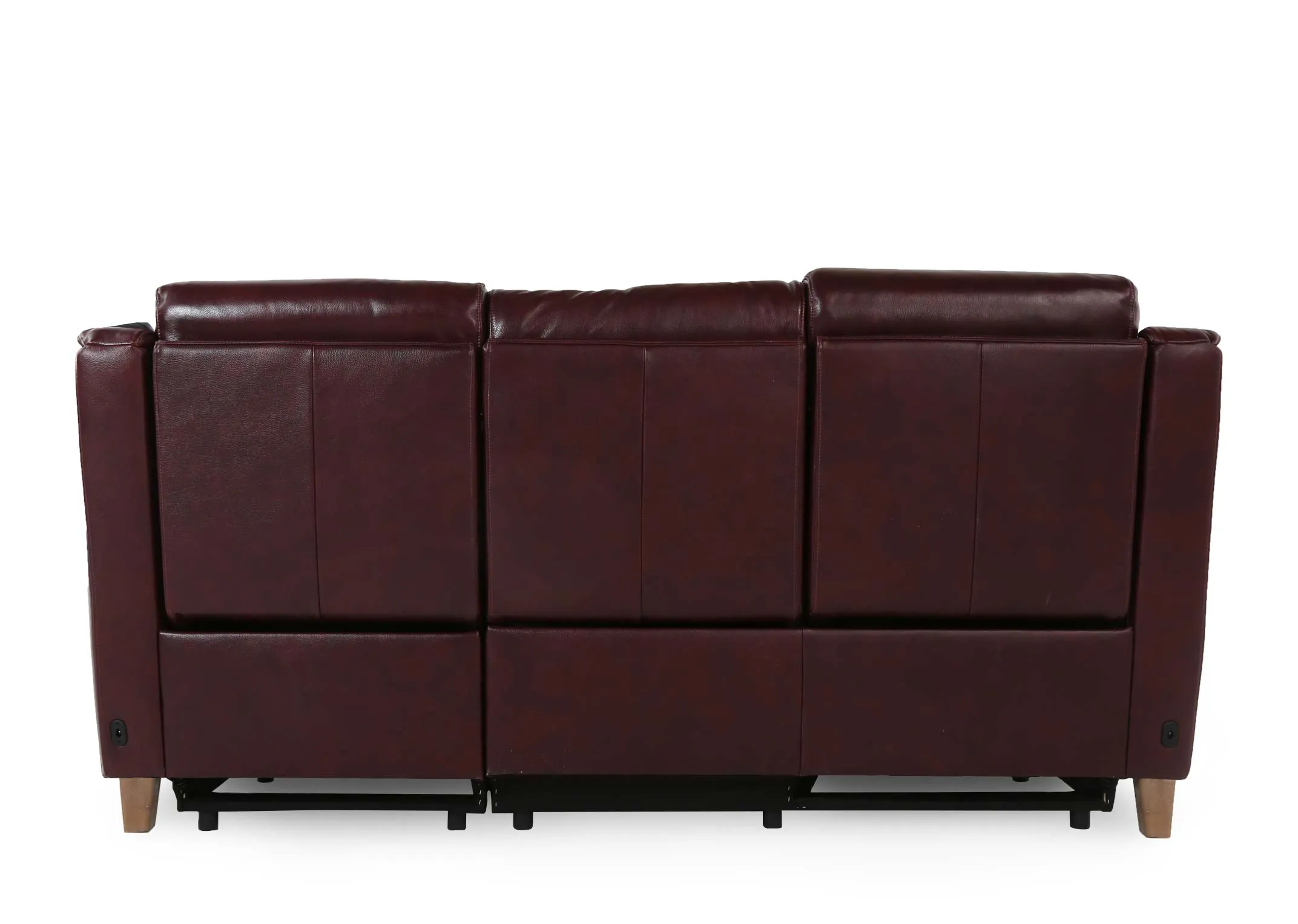 A deep red leather 3 Seater with power reclining functions from EZ Living Furniture's Vantage range. Back view of the sofa.