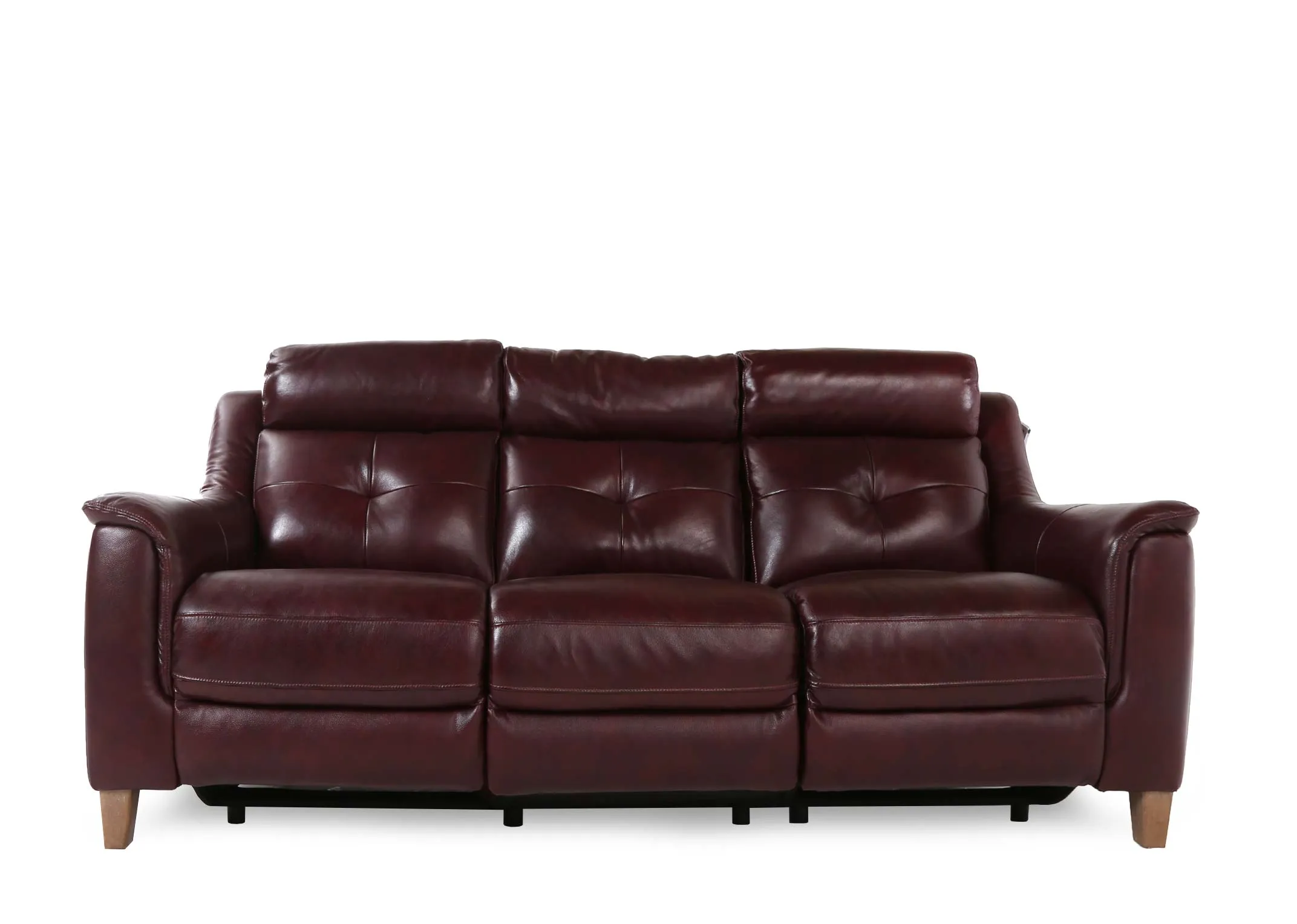 A deep red leather 3 seater power reclining sofa from EZ Living Furniture's Vantage range. Front view of oak feet.