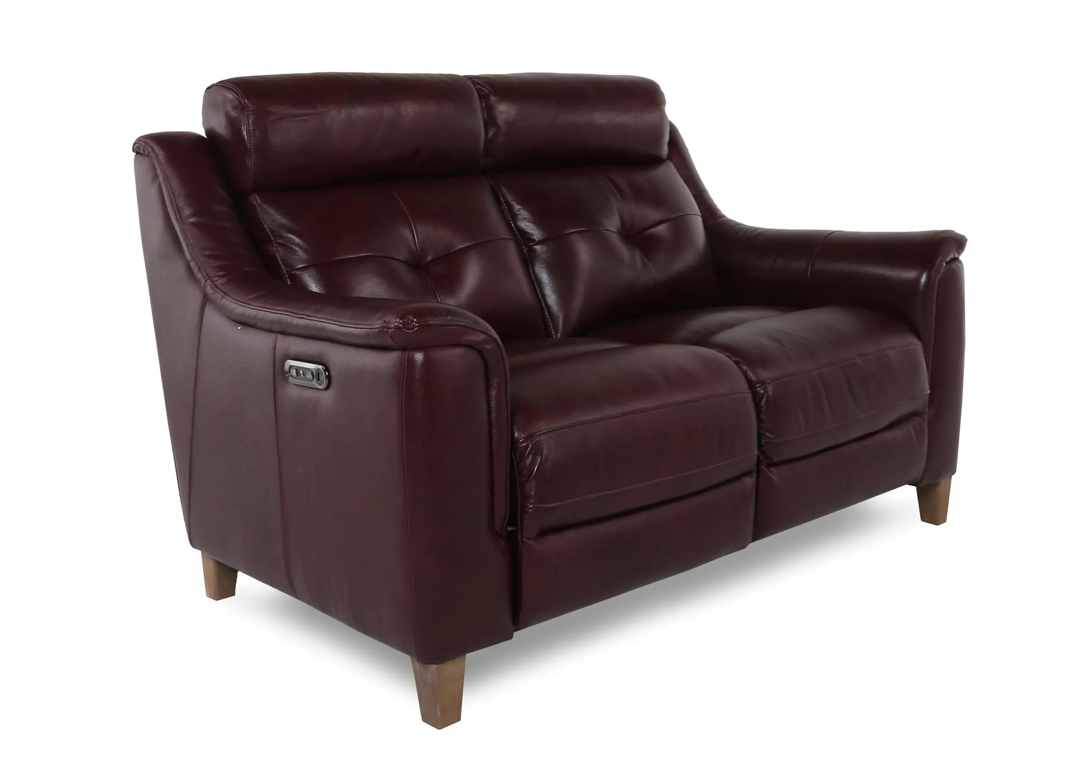 A deep red leather 2 seater power reclining sofa with wood feet from EZ Living Furniture's Vantage range. Angled view of sofa