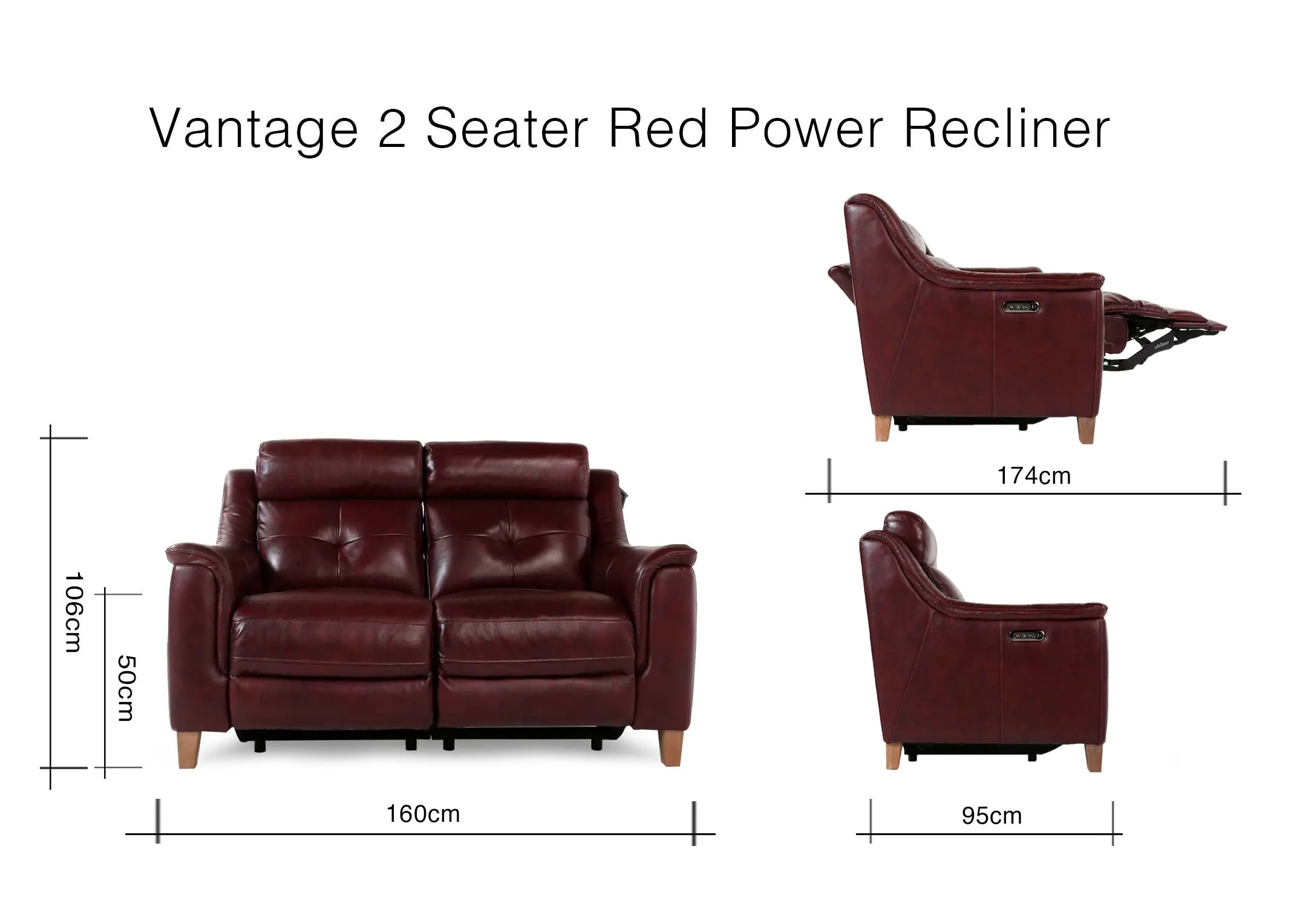 A dimension image of the Vantage 2 Seater sofa with 160cm (Width) x 95cm-174cm (Depth) x 106cm (Height) x 50(sh)