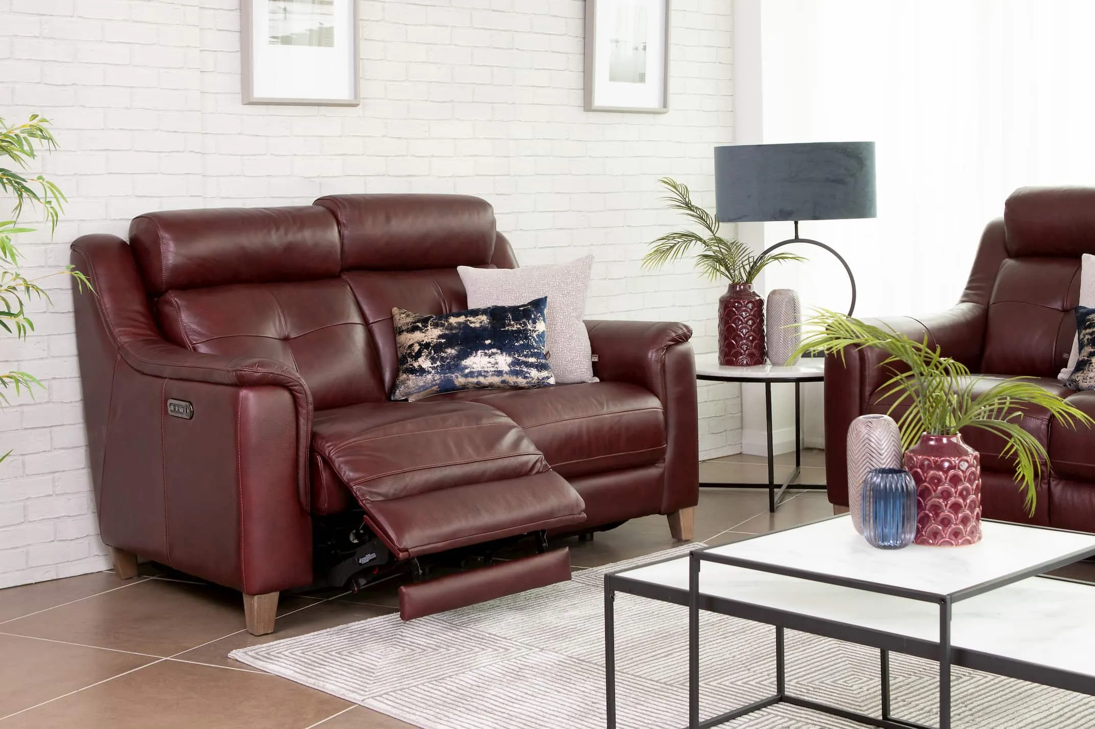 2 Seater Dark Red Leather Power Reclining Sofa - Vantage