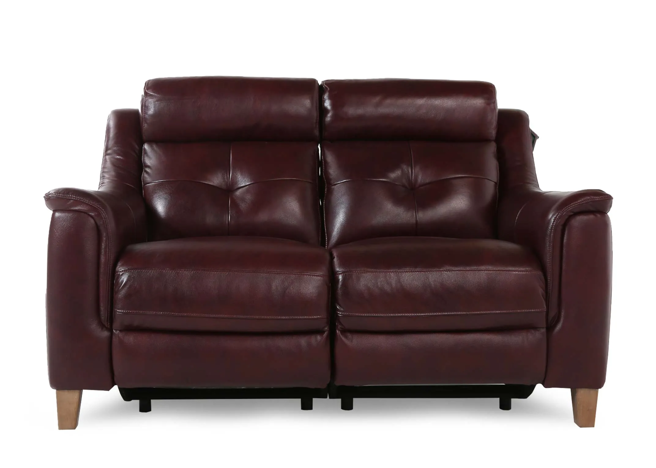 A deep red leather 2 seater power reclining sofa from EZ Living Furniture's Vantage range. Front view of oak feet.