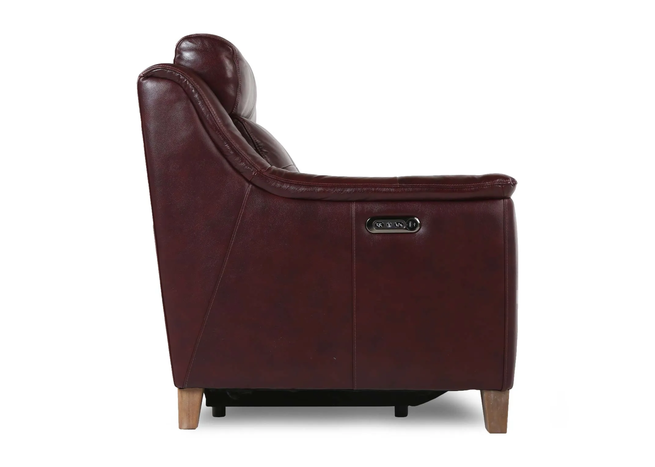 A deep red leather 2 seater power reclining sofa from EZ Living Furniture's Vantage range. Side view no recline.