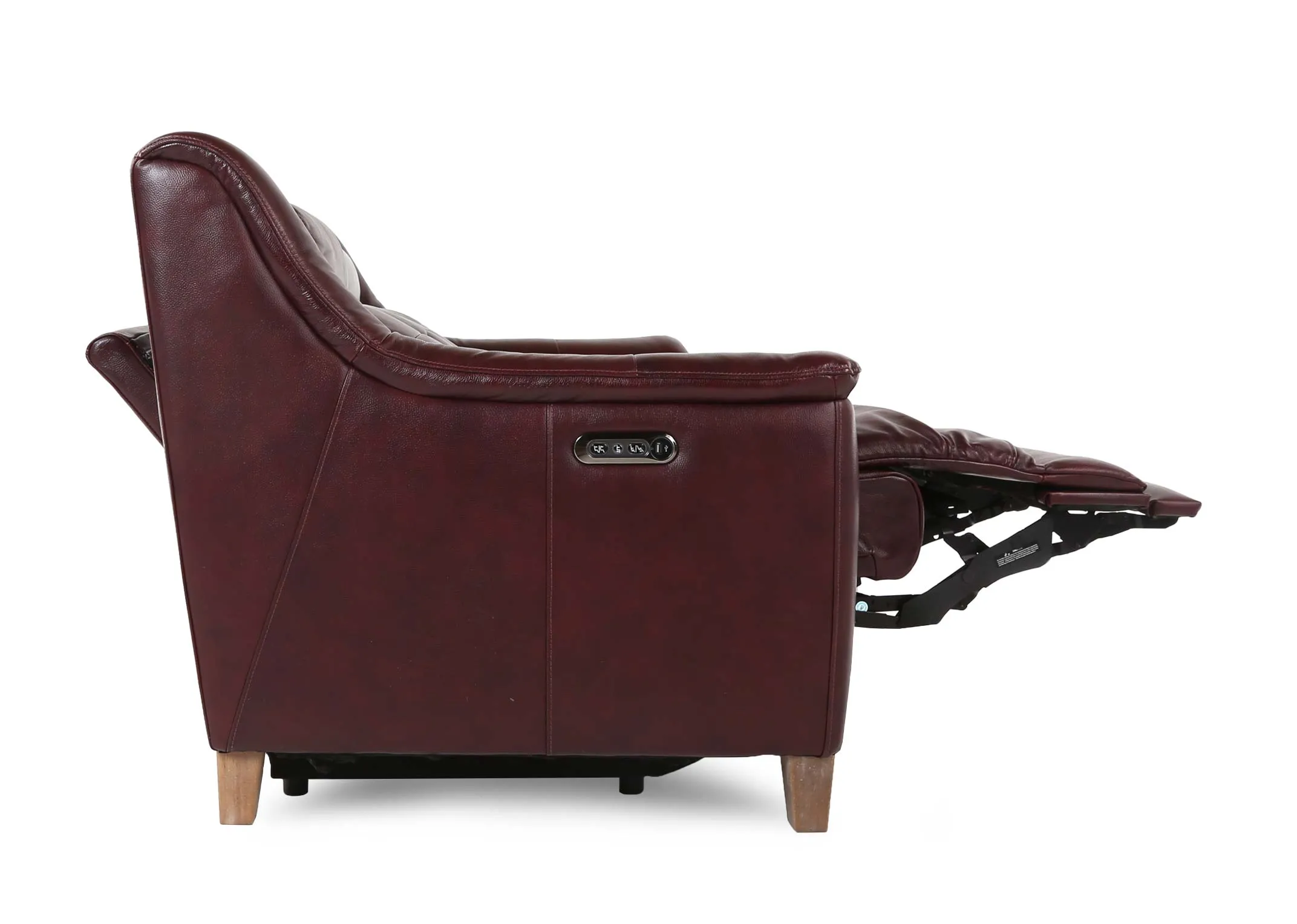 A deep red leather 2 seater power reclining sofa from EZ Living Furniture's Vantage range. Side view full recline