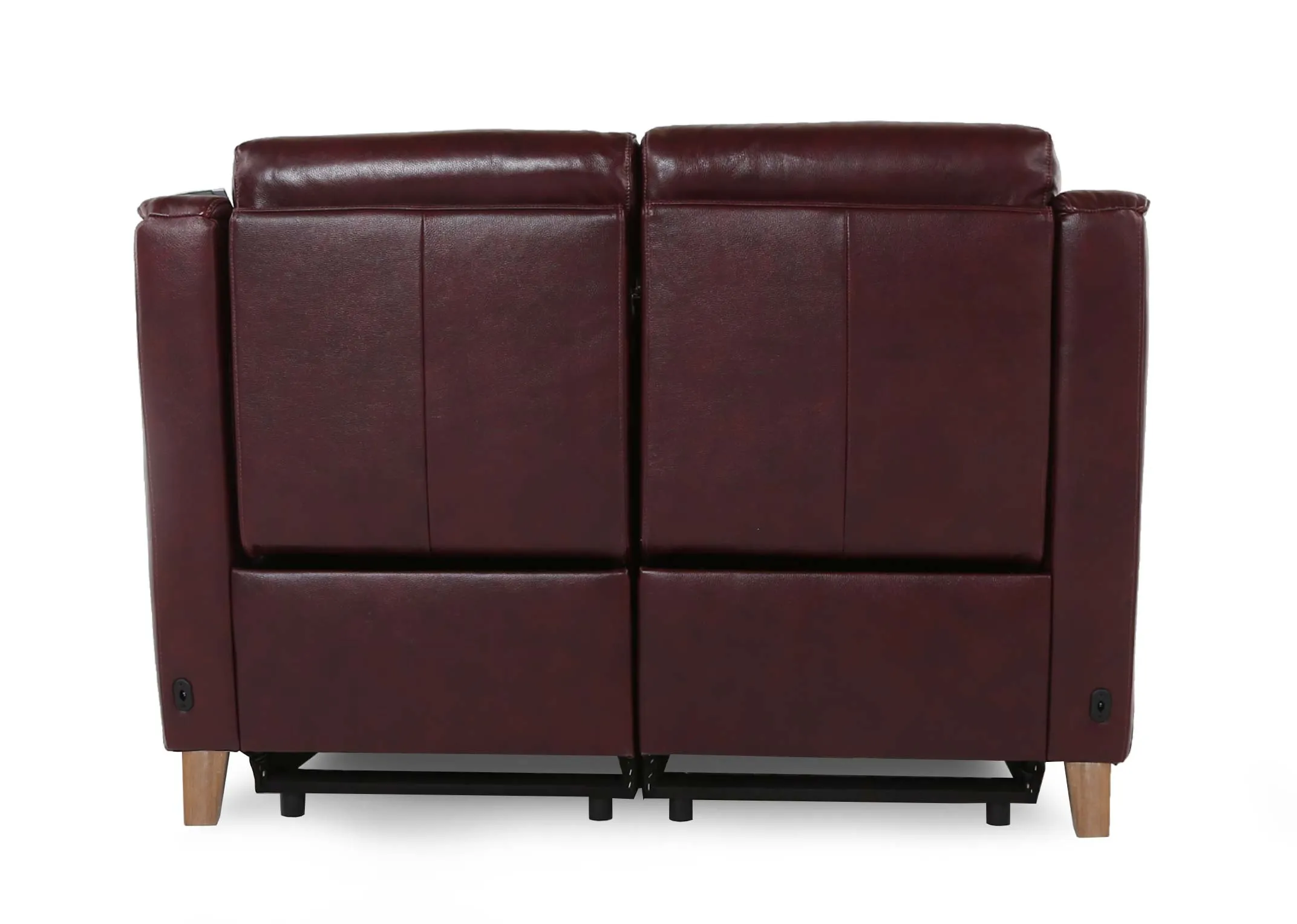 A deep red leather 2 seater power reclining sofa from EZ Living Furniture's Vantage range. Back view of sofa