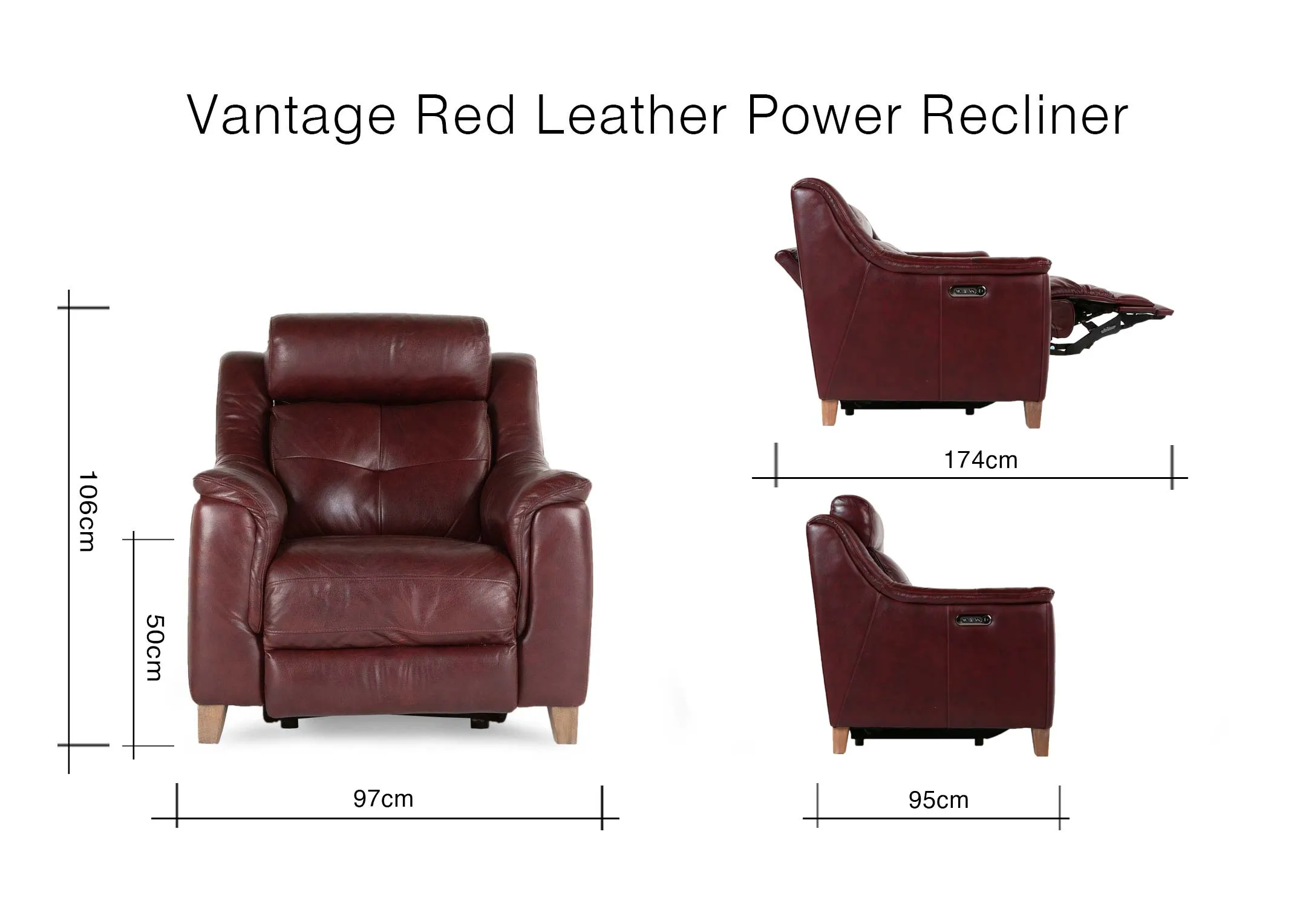 A dimension image of the Vantage 3 Seater sofa with 97cm (Width) x 95cm-174cm (Depth) x 106cm (Height) x 50(sh)