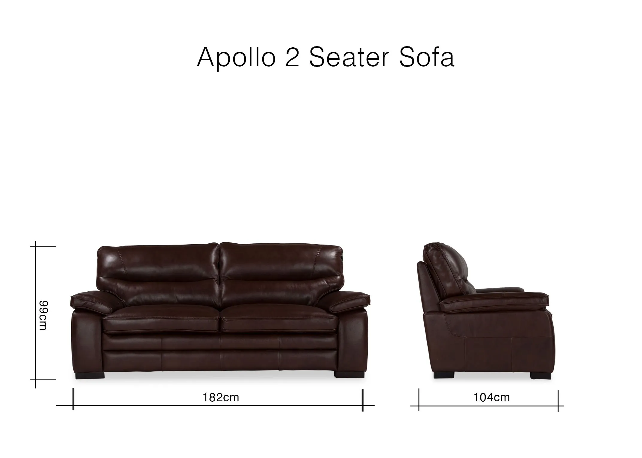 A dimension image of the two seater apollo sofa 99cm (Height) x 182cm (Width) x 104cm (Depth)