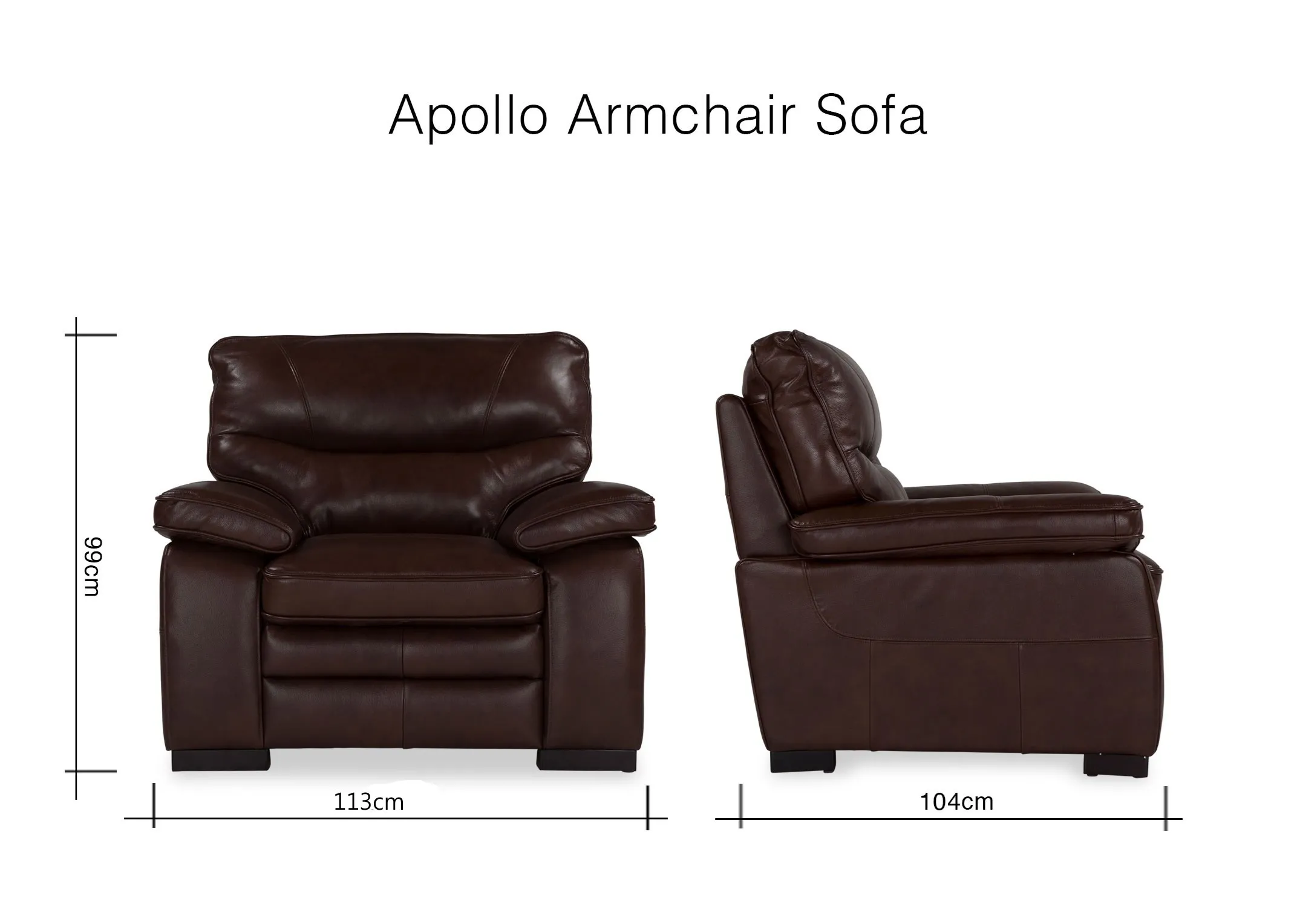 A dimension image of the Apollo brown leather armchair 99cm (Height) x 113cm (Width) x 104cm (Depth)