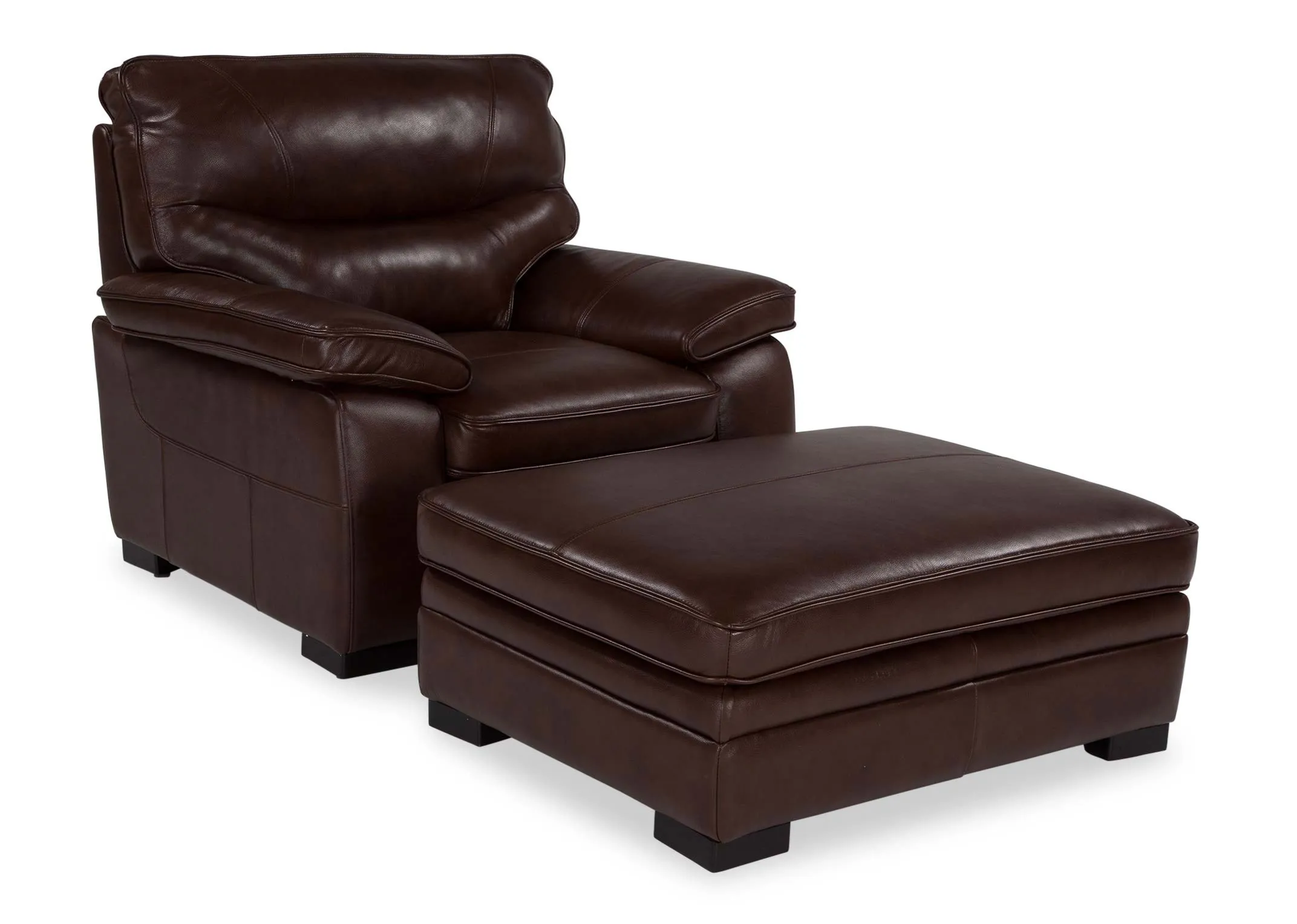 An image of the Apollo brown leather armchair with the matching footstool.