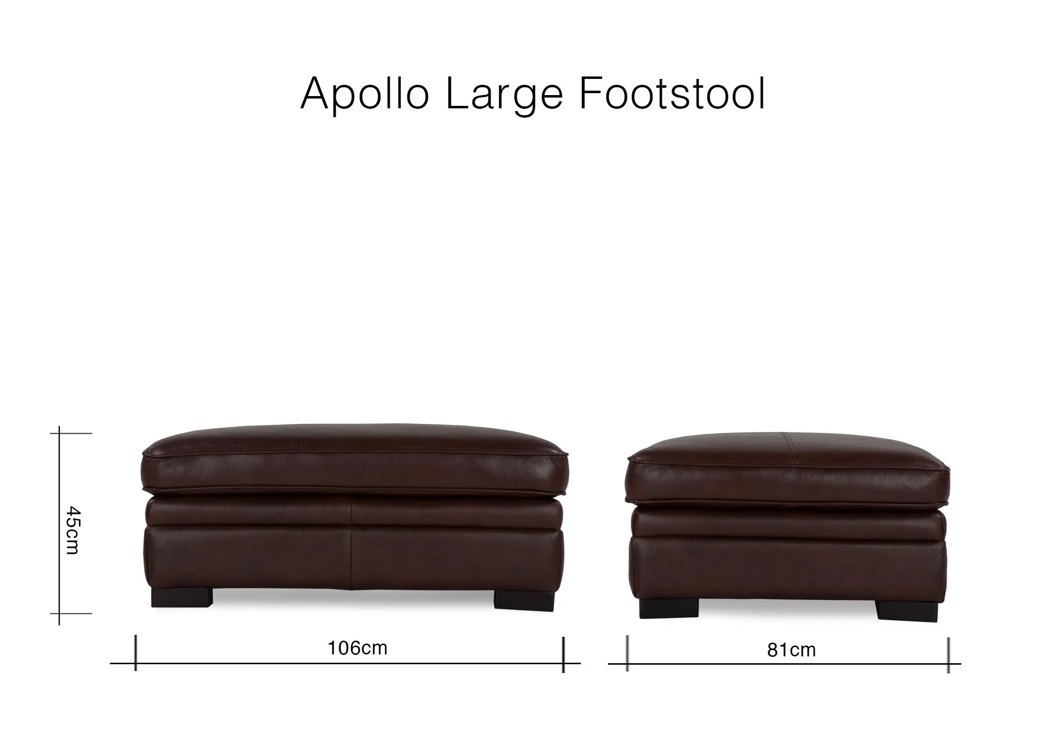 A dimension image of the Apollo brown leather large footstool 45cm (Height) x 106cm (Width) x 81cm (Depth)