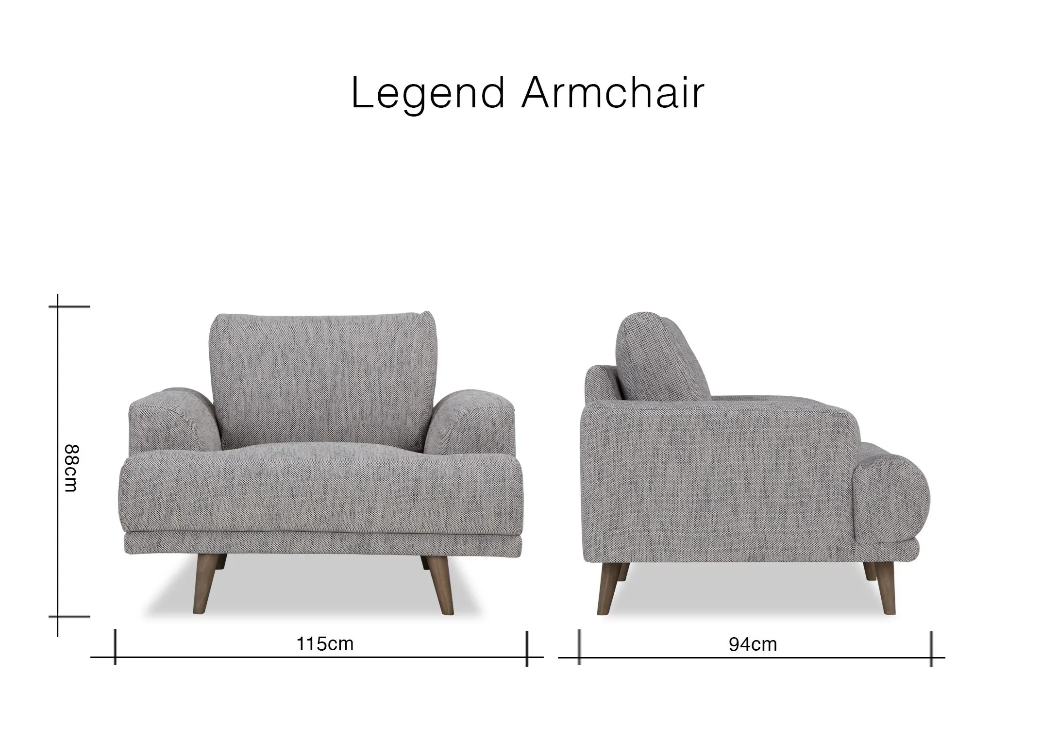 A dimension image for theLegend armchair in grey fabric 88cm (Height) x 115cm (Width) x 94cm (Depth)