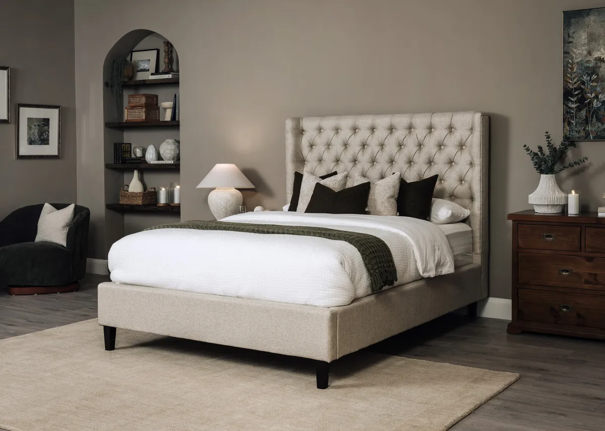 A lifestyle image of the Chelsea bedframe with Aisling cest and locker with Dalton swivel