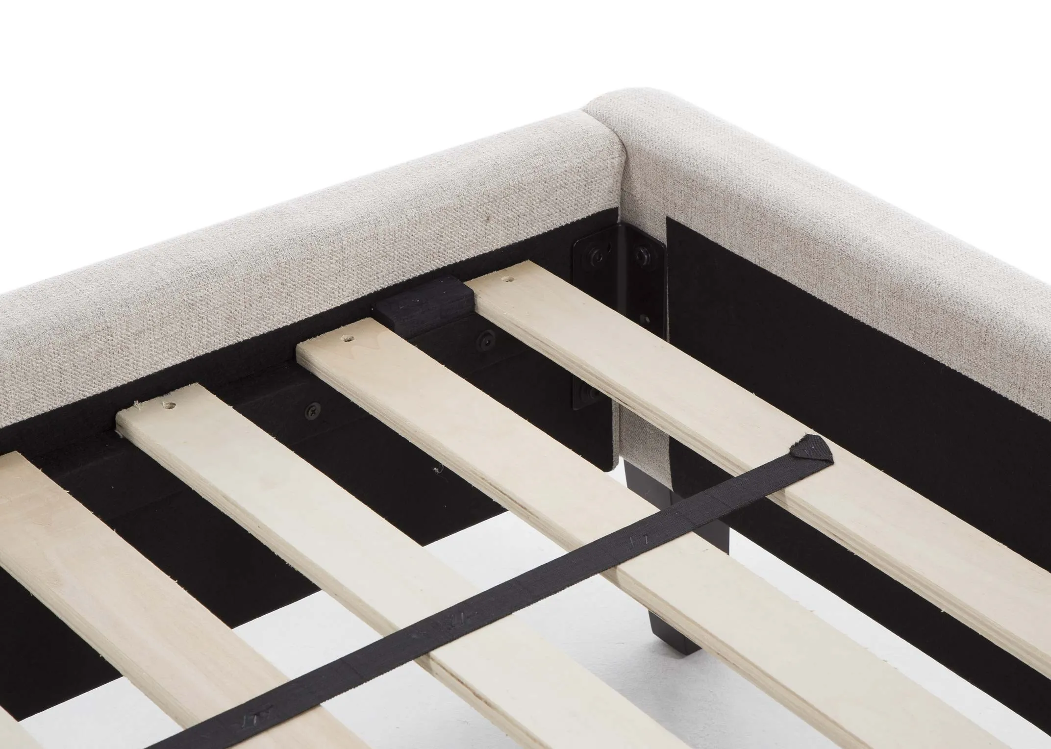 A view of the slats on the 5 ft beige fabric Chelsea bedframe 