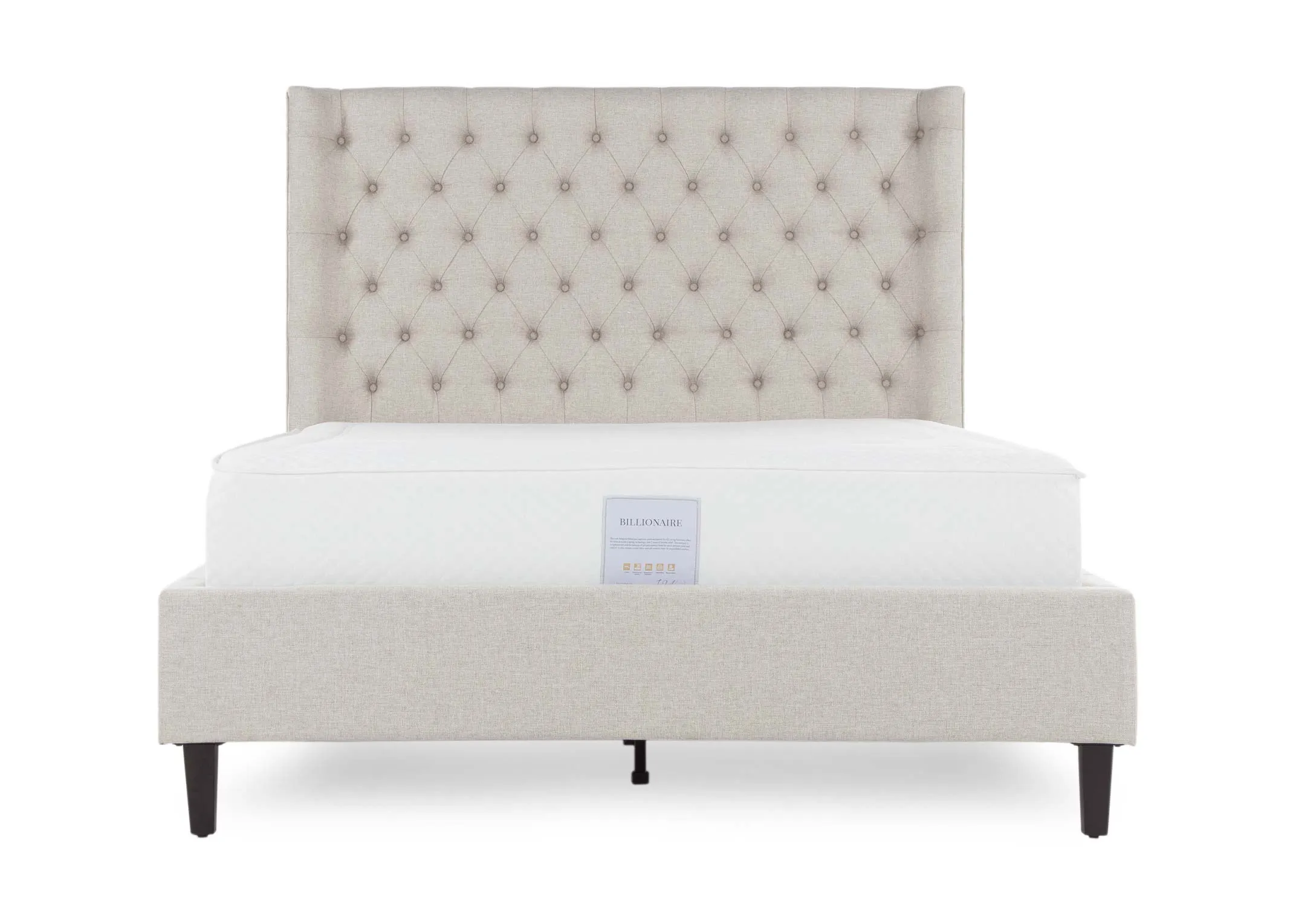 A view from the front looking at the 5 ft beige fabric Chelsea bedframe